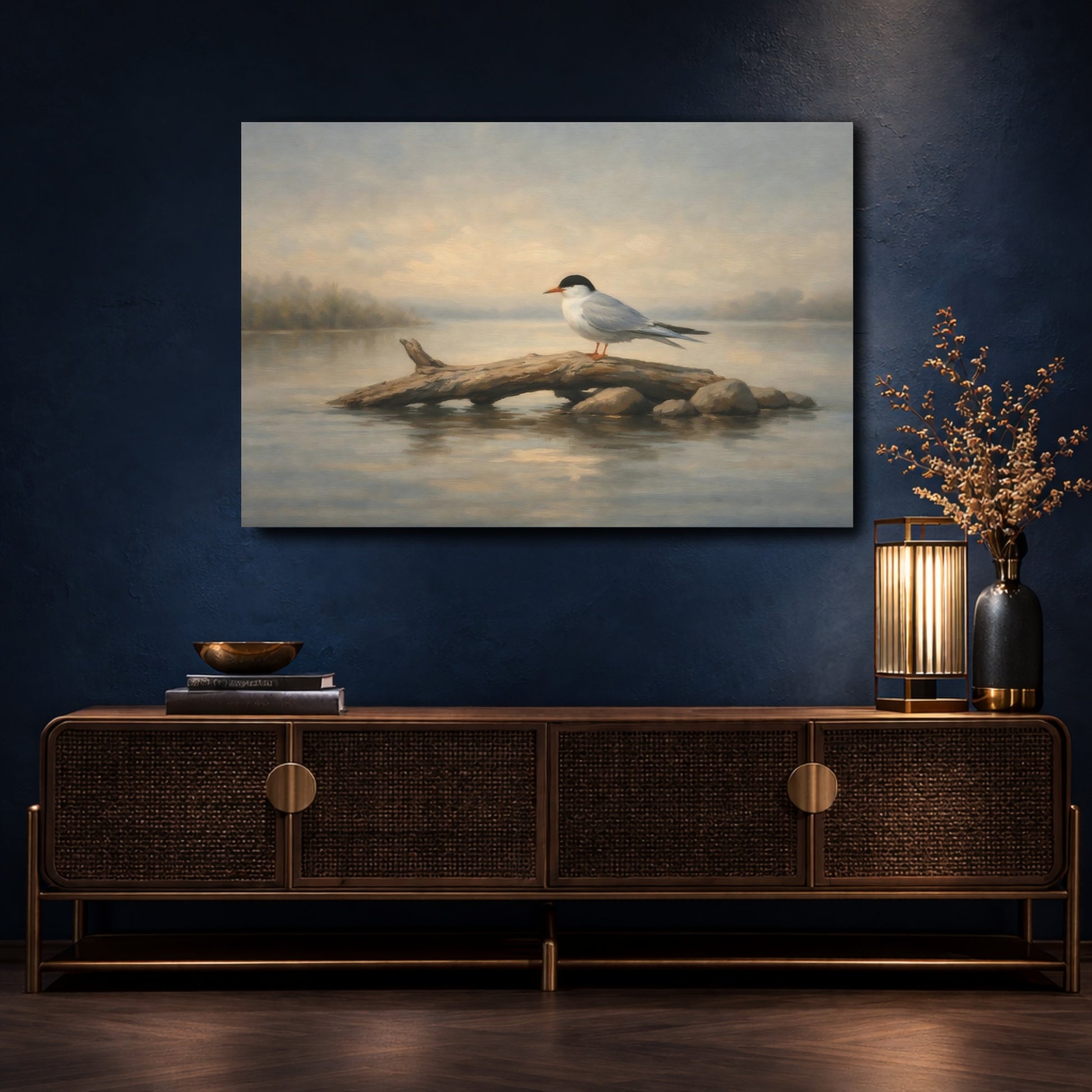 Mockup 4. Birds Water Bird Bird On Log shown as stretched canvas wall art