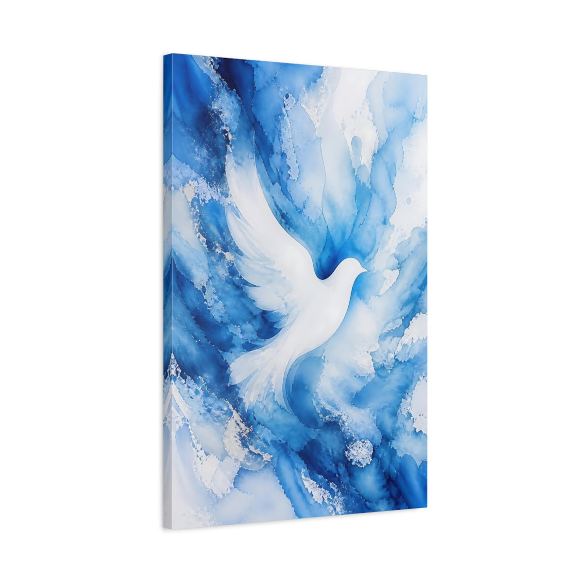 Side Mockup 2. Birds White Dove Blue And White shown as stretched canvas wall art