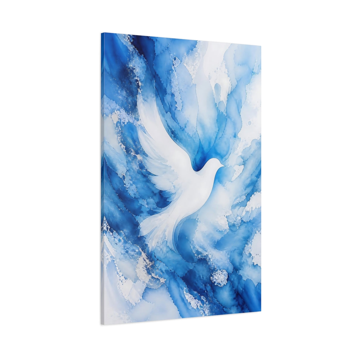Side Mockup 1. Birds White Dove Blue And White shown as stretched canvas wall art