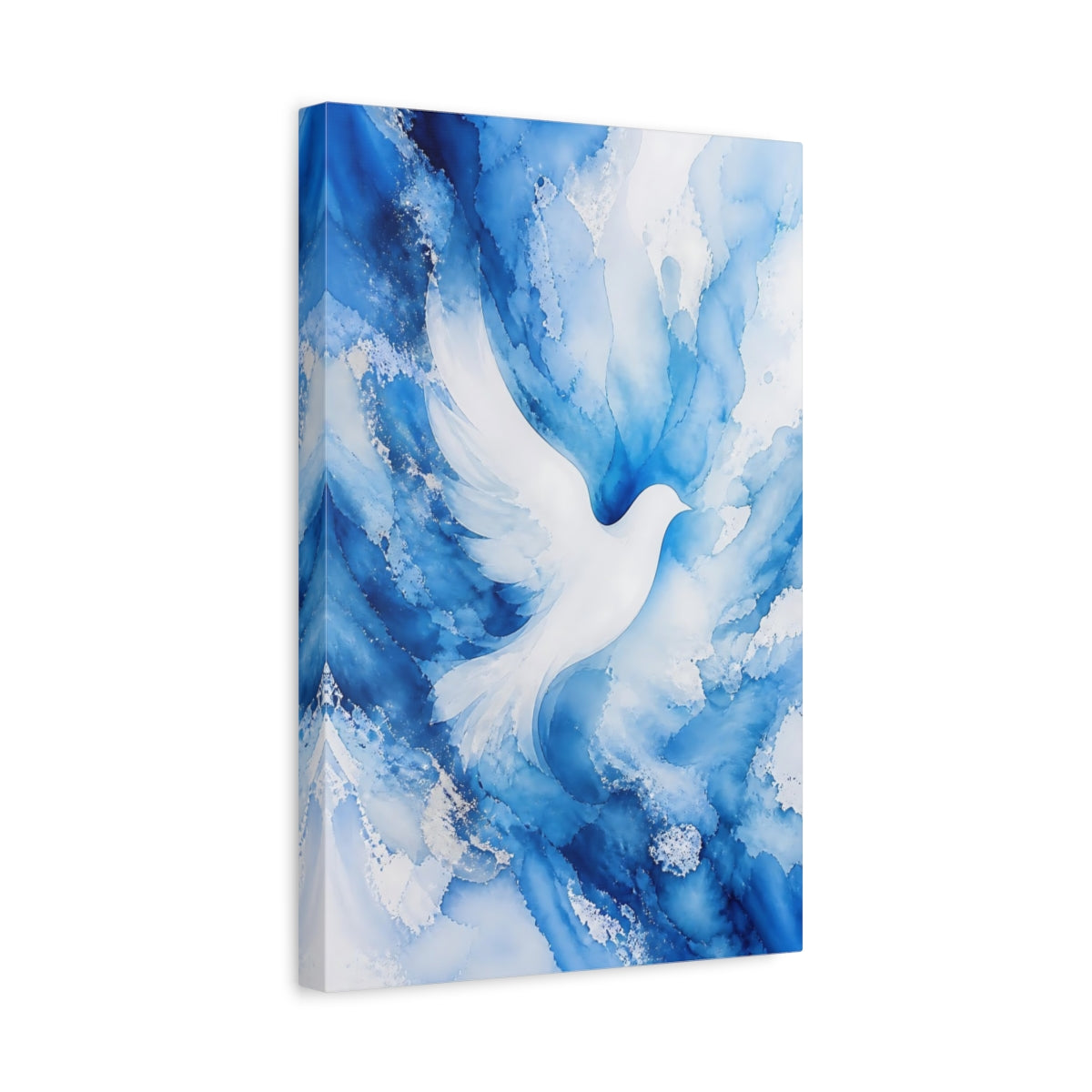 Side Mockup 4. Birds White Dove Blue And White shown as stretched canvas wall art