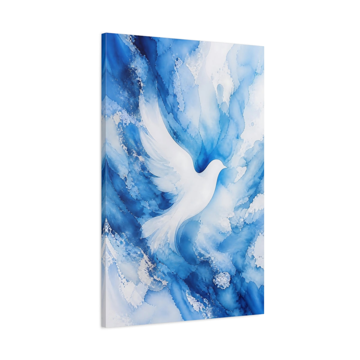 Main Mockup. Birds White Dove Blue And White shown as stretched canvas wall art