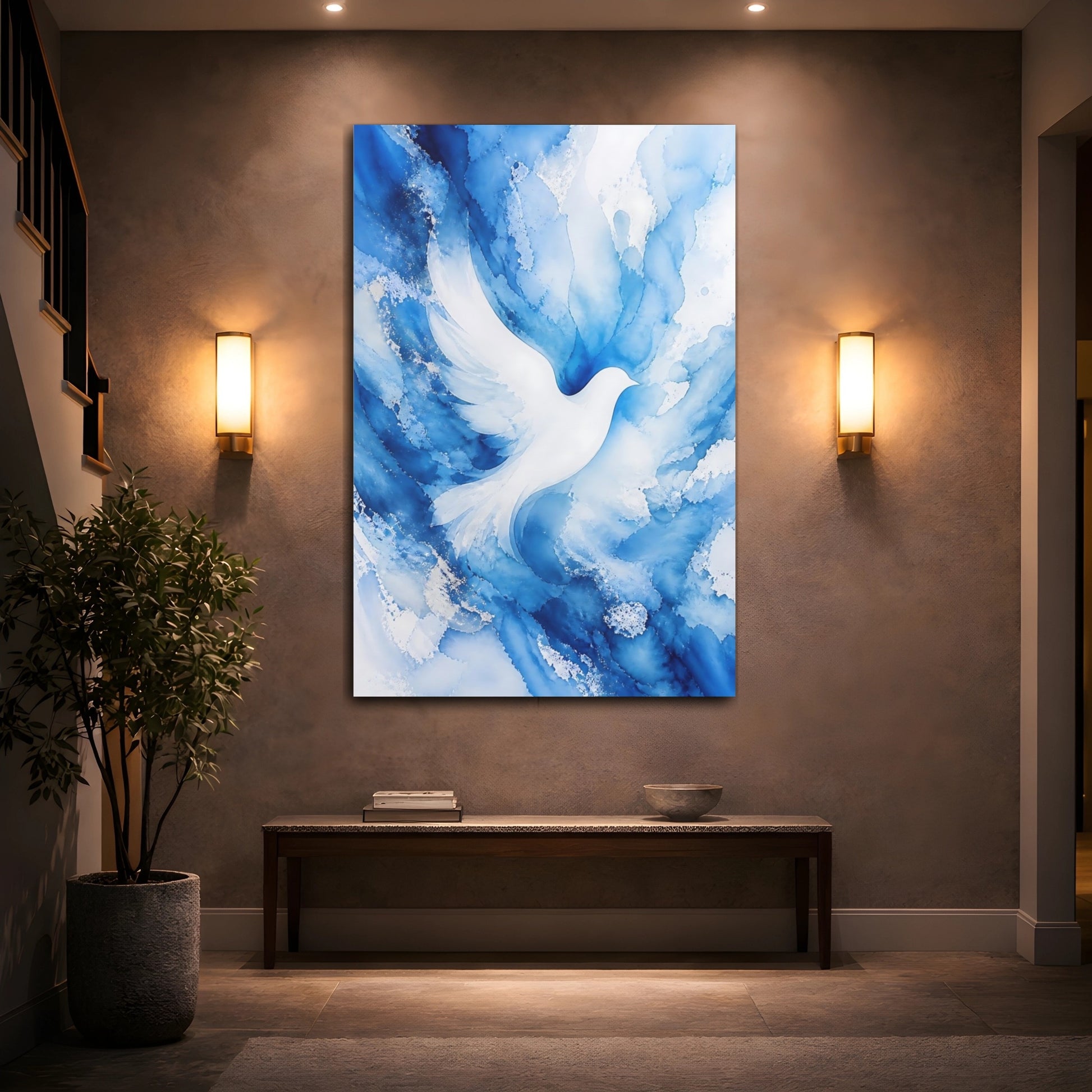 Mockup 2. Birds White Dove Blue And White shown as stretched canvas wall art