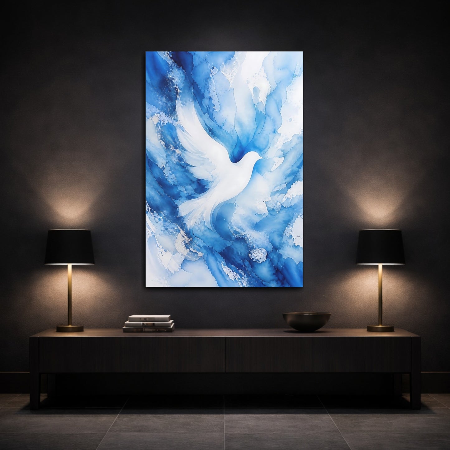 Mockup 3. Birds White Dove Blue And White shown as stretched canvas wall art