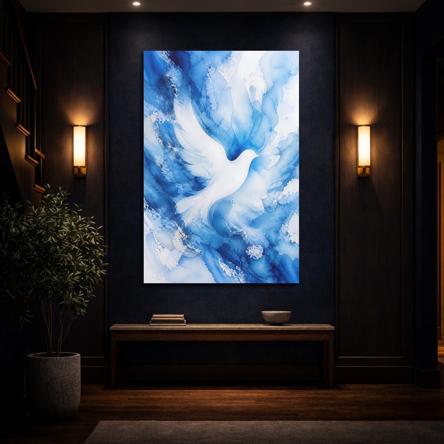 Mockup 4. Birds White Dove Blue And White shown as stretched canvas wall art