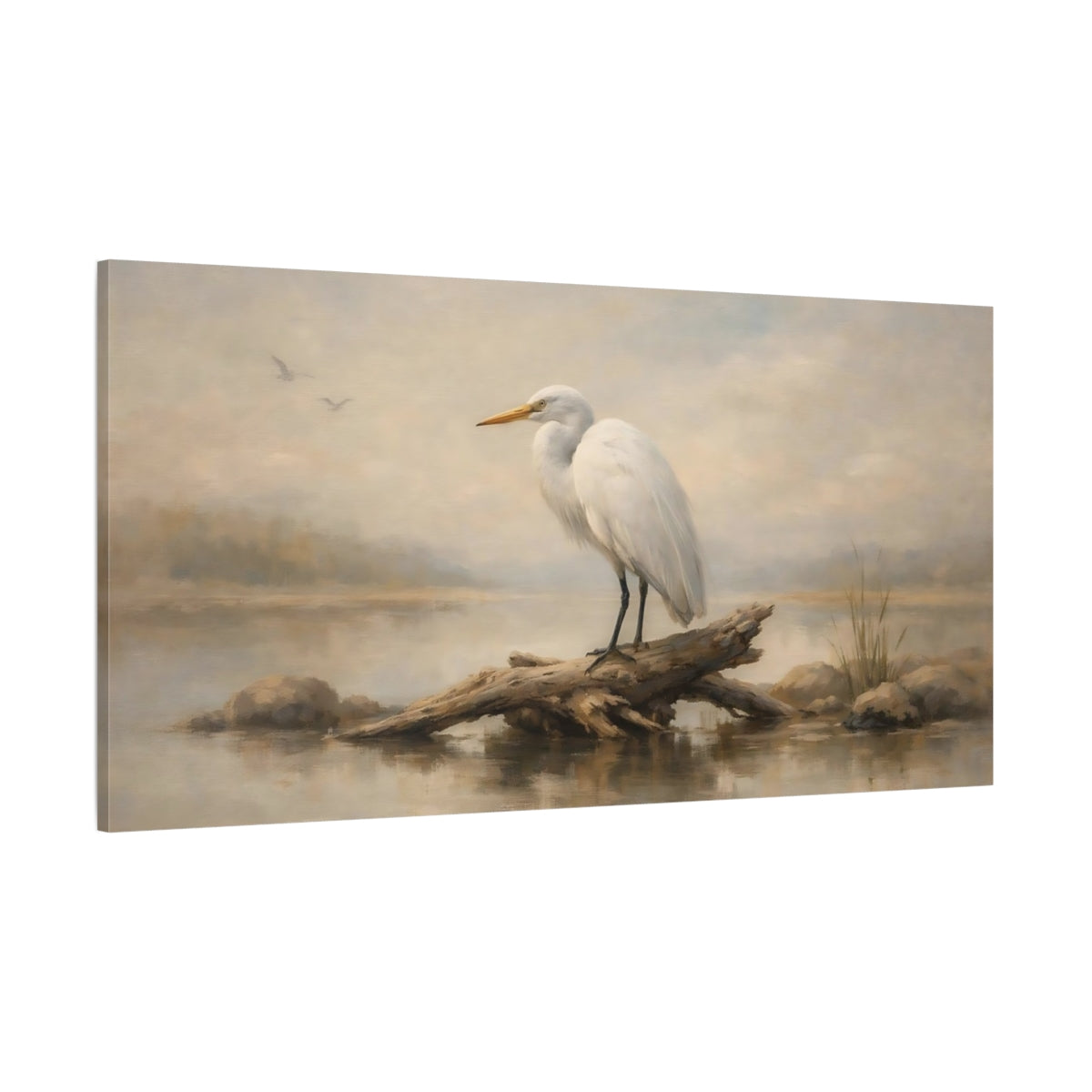 Main Mockup. Birds White Egret Egret Wildlife shown as stretched canvas wall art