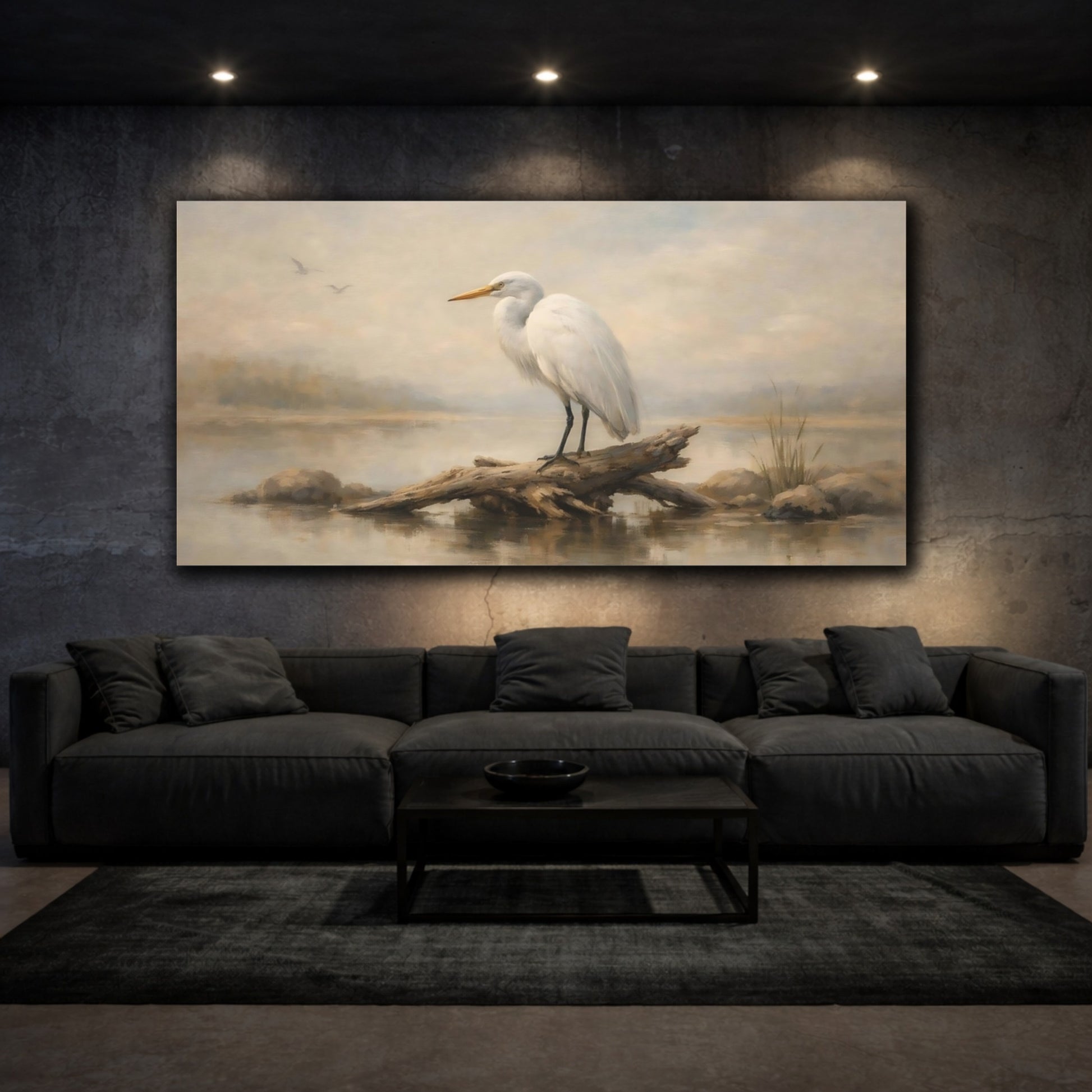 Mockup 2. Birds White Egret Egret Wildlife shown as stretched canvas wall art