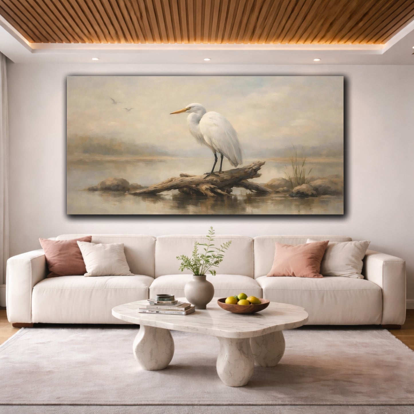 Mockup 3. Birds White Egret Egret Wildlife shown as stretched canvas wall art