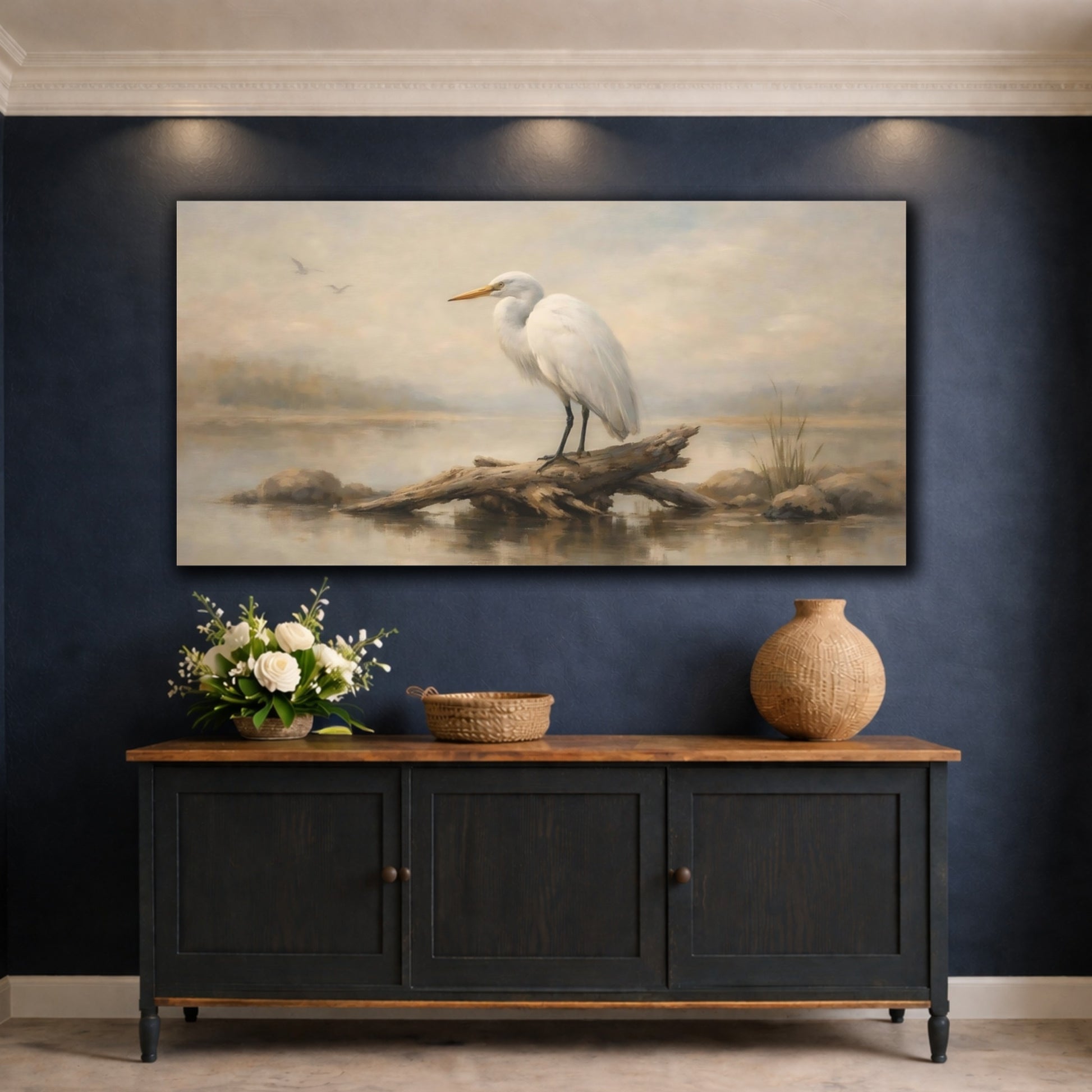 Mockup 4. Birds White Egret Egret Wildlife shown as stretched canvas wall art