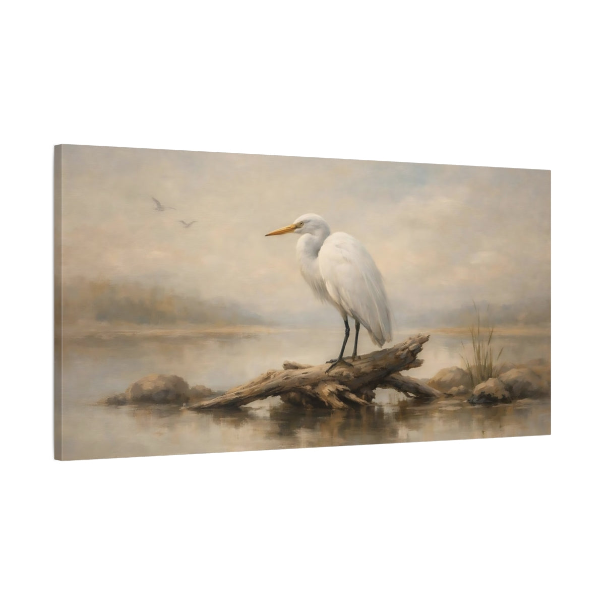 Side Mockup 1. Birds White Egret Egret Wildlife shown as stretched canvas wall art
