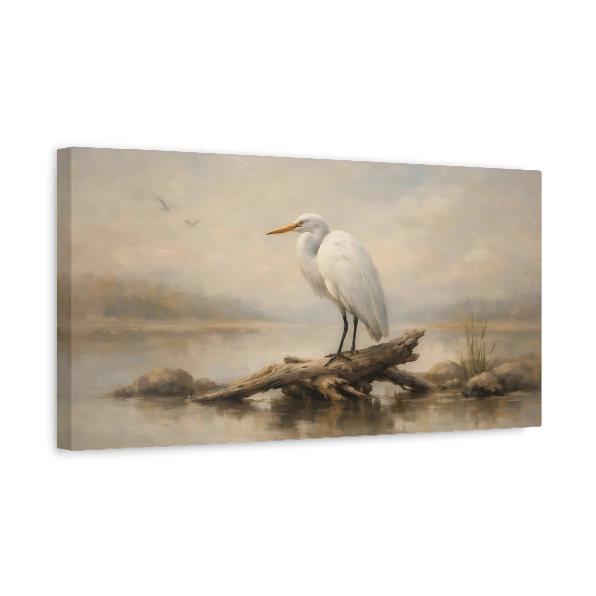 Side Mockup 3. Birds White Egret Egret Wildlife shown as stretched canvas wall art