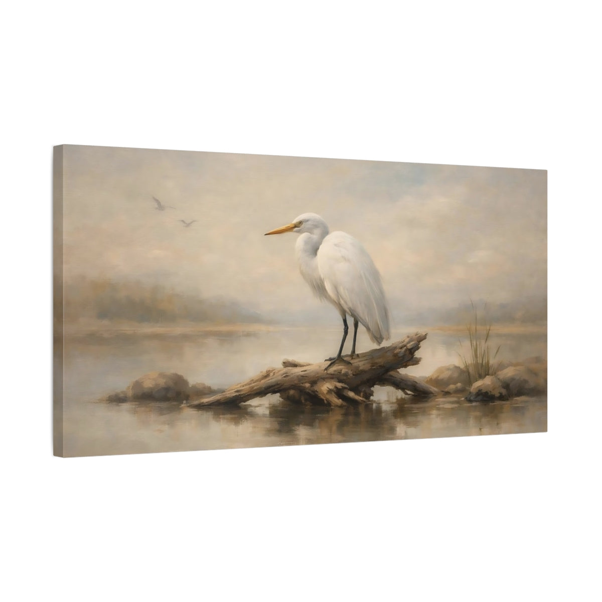 Side Mockup 2. Birds White Egret Egret Wildlife shown as stretched canvas wall art