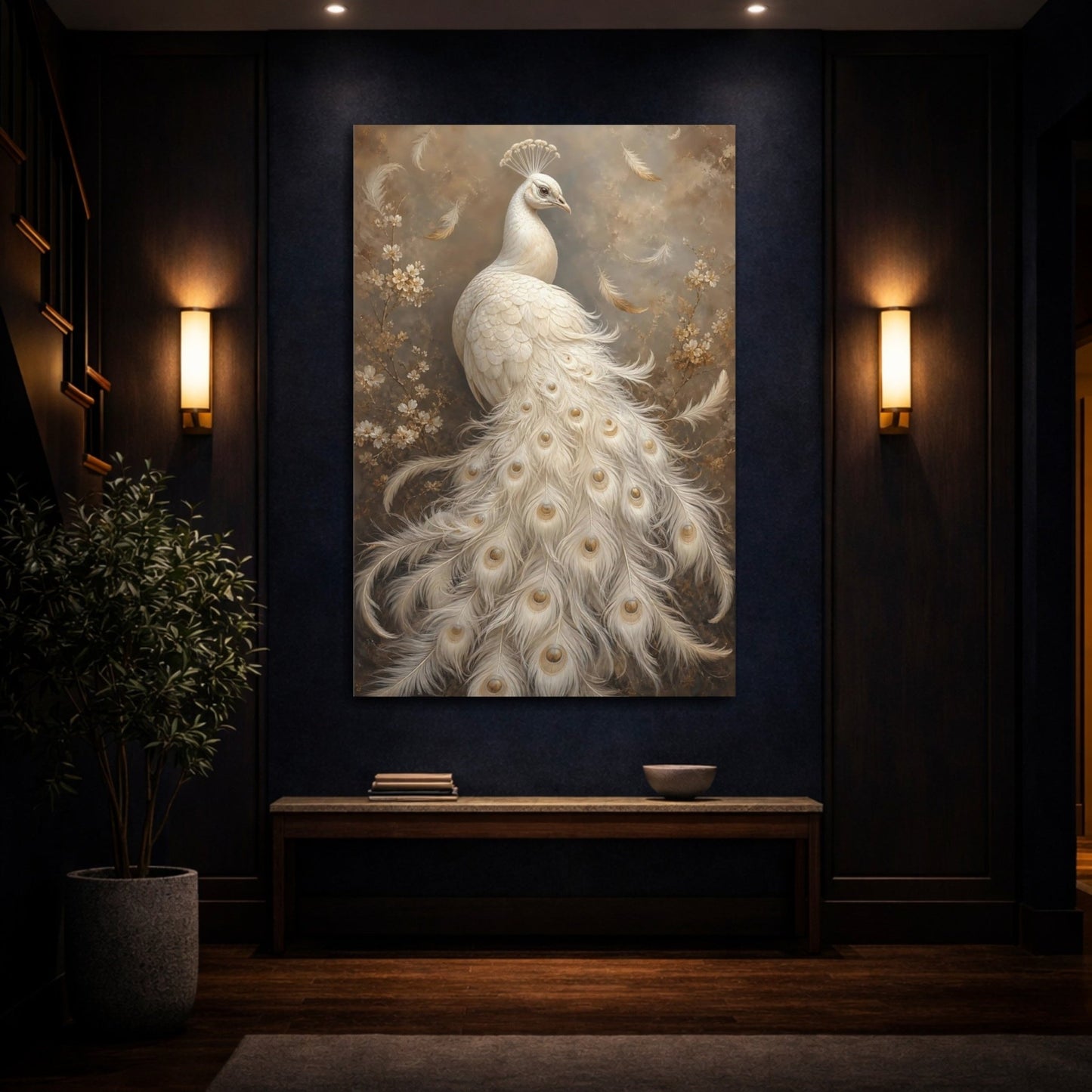 Birds White Peacock And Gold Canvas Print – Living Room, Above Fireplace, - YesArtYes