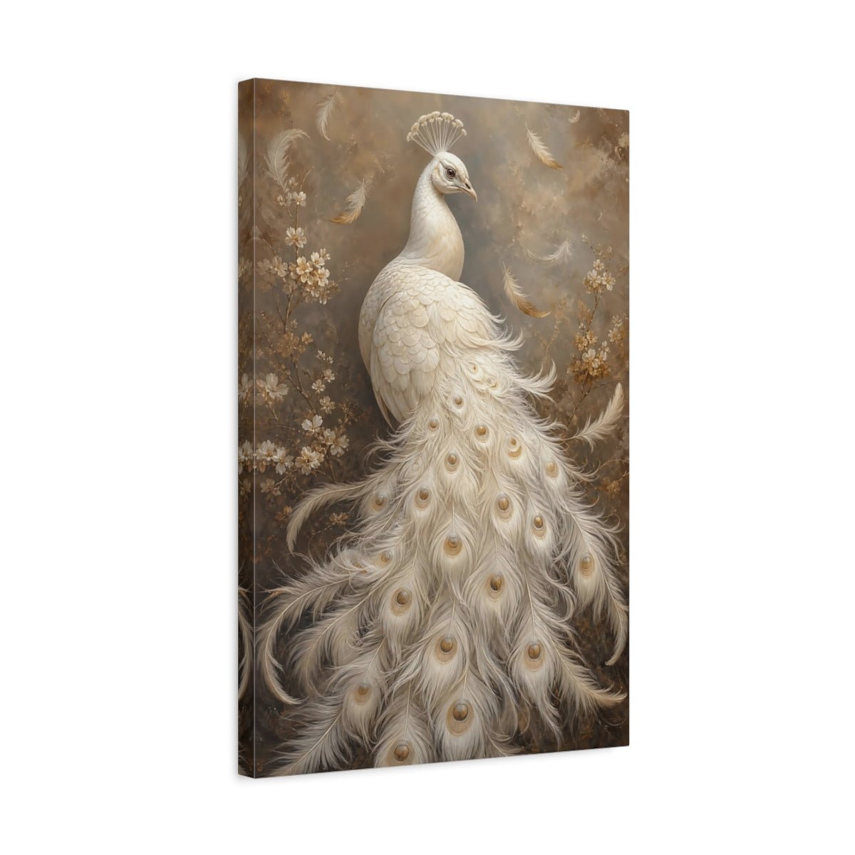 Birds White Peacock And Gold Canvas Print – Living Room, Above Fireplace, - YesArtYes