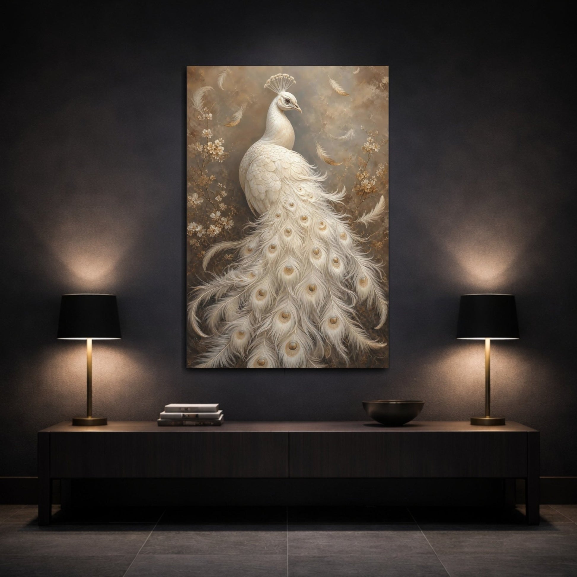 Birds White Peacock And Gold Canvas Print – Living Room, Above Fireplace, - YesArtYes