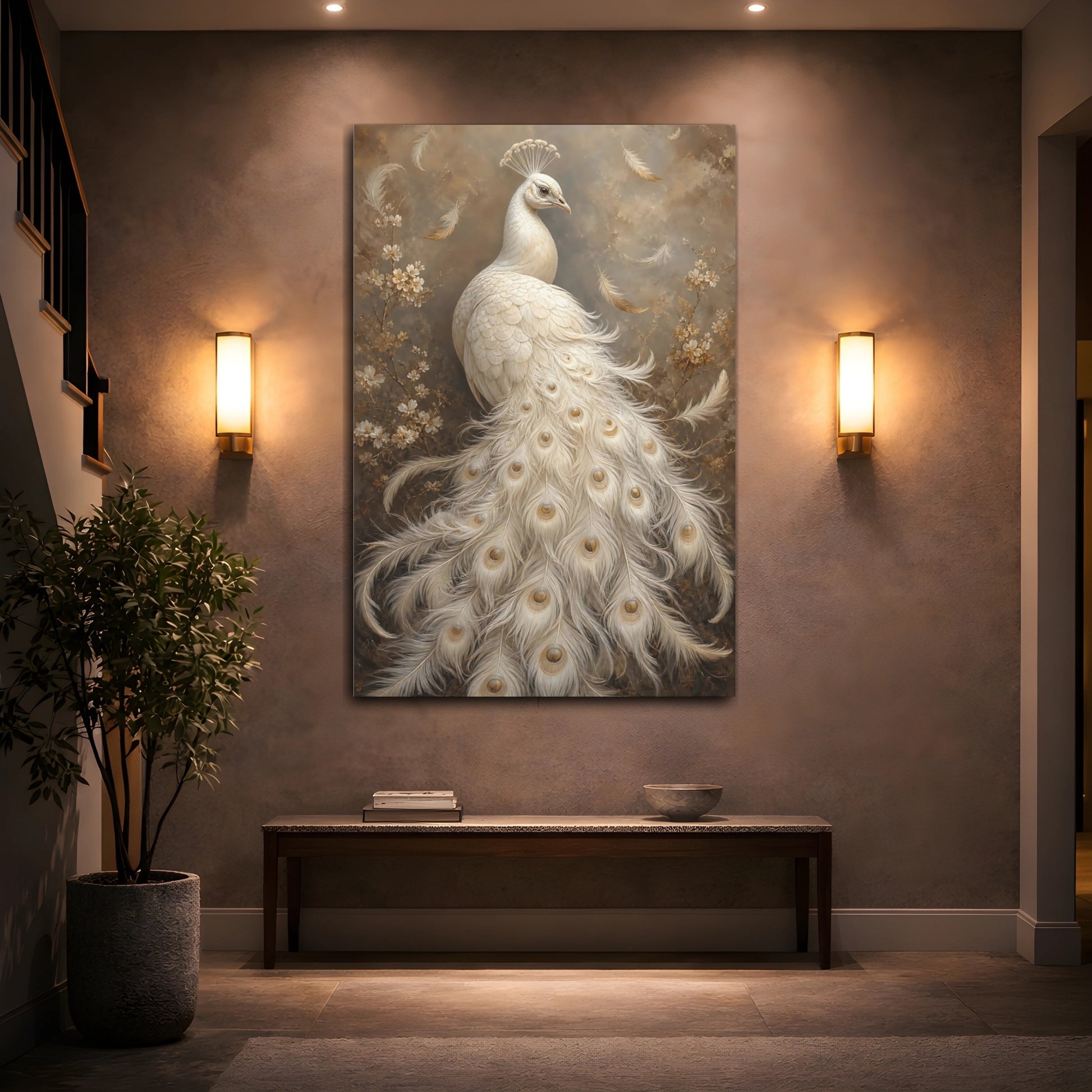 Mockup 2. Birds White Peacock White And Gold shown as stretched canvas wall art