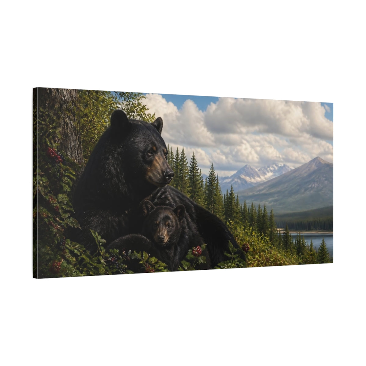 Main Mockup. Black Bear With Cub By Lake shown as canvas print
