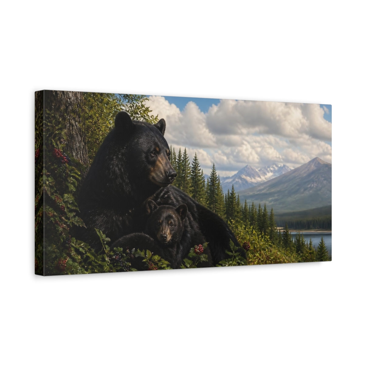 Side Mockup 3. Black Bear With Cub By Lake shown as canvas print