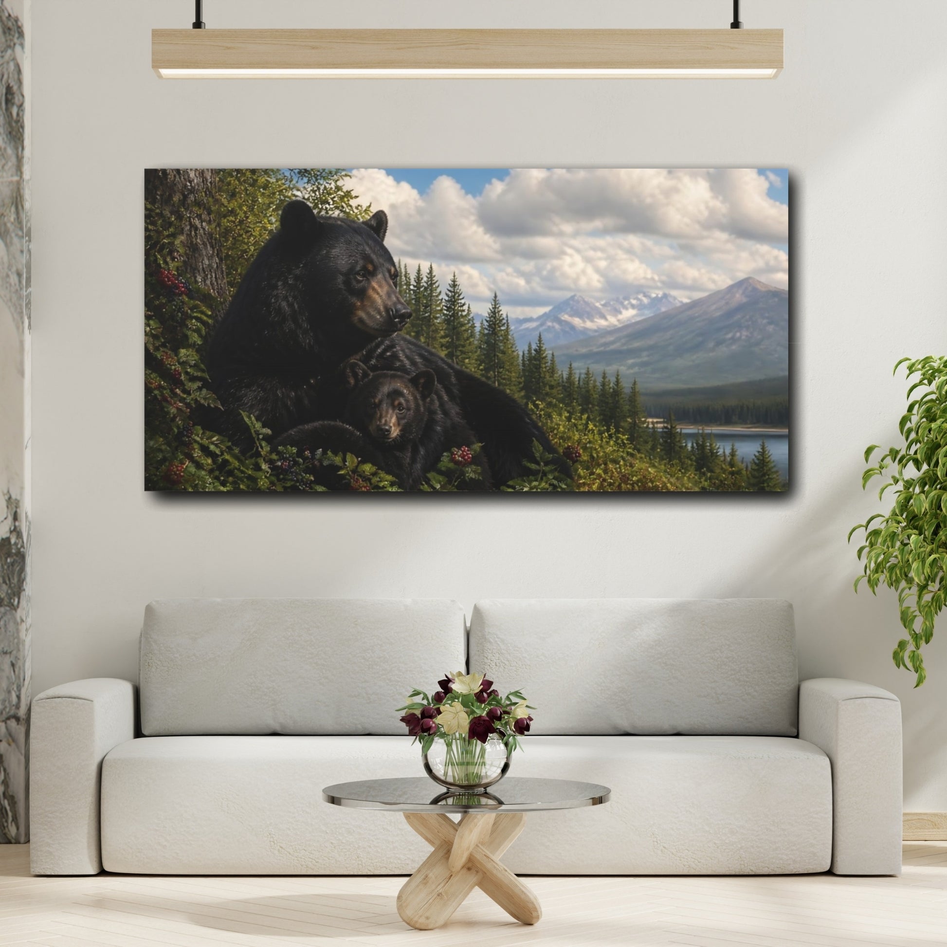 Mockup 2. Black Bear With Cub By Lake shown as canvas print