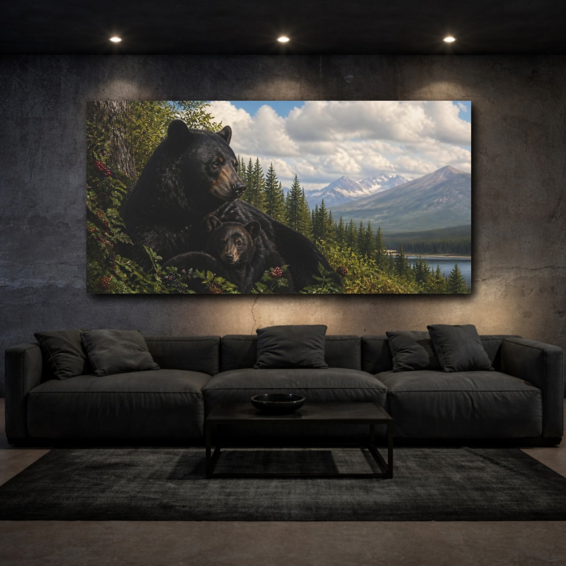 Mockup 3. Black Bear With Cub By Lake shown as canvas print