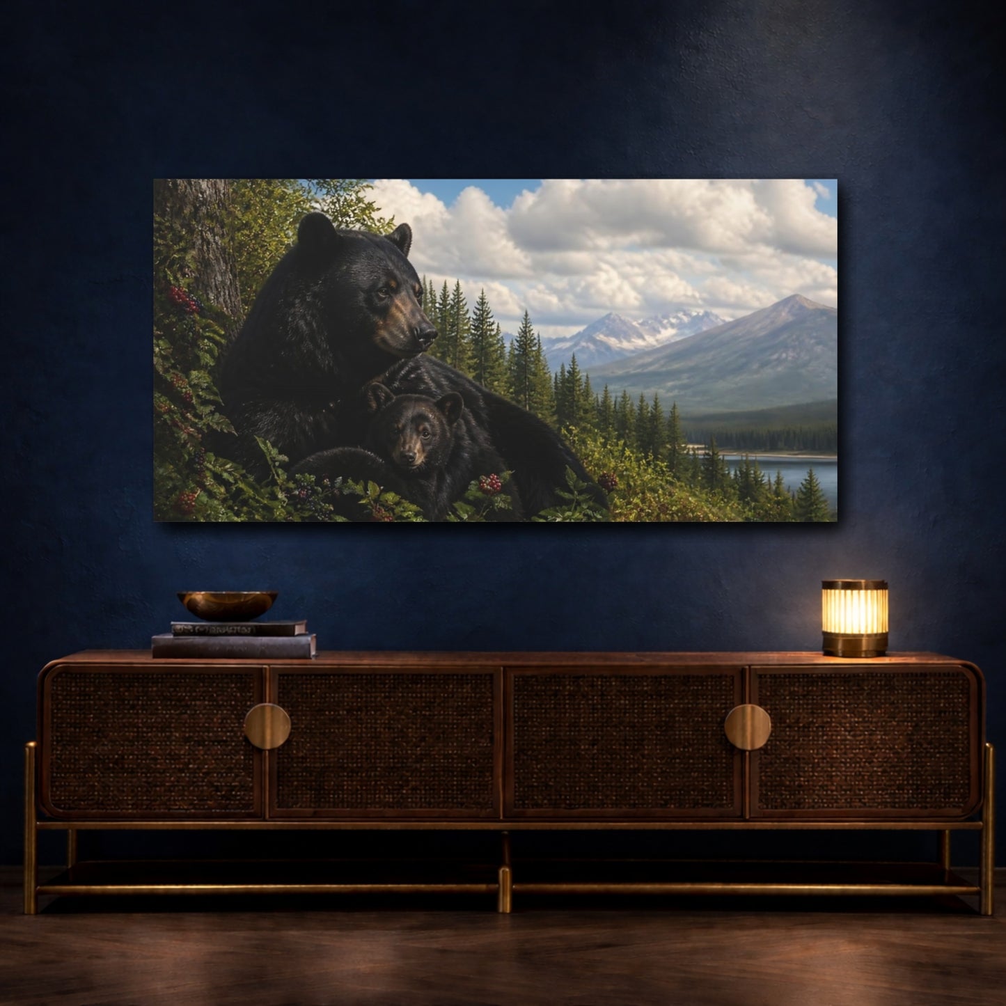 Mockup 4. Black Bear With Cub By Lake shown as canvas print