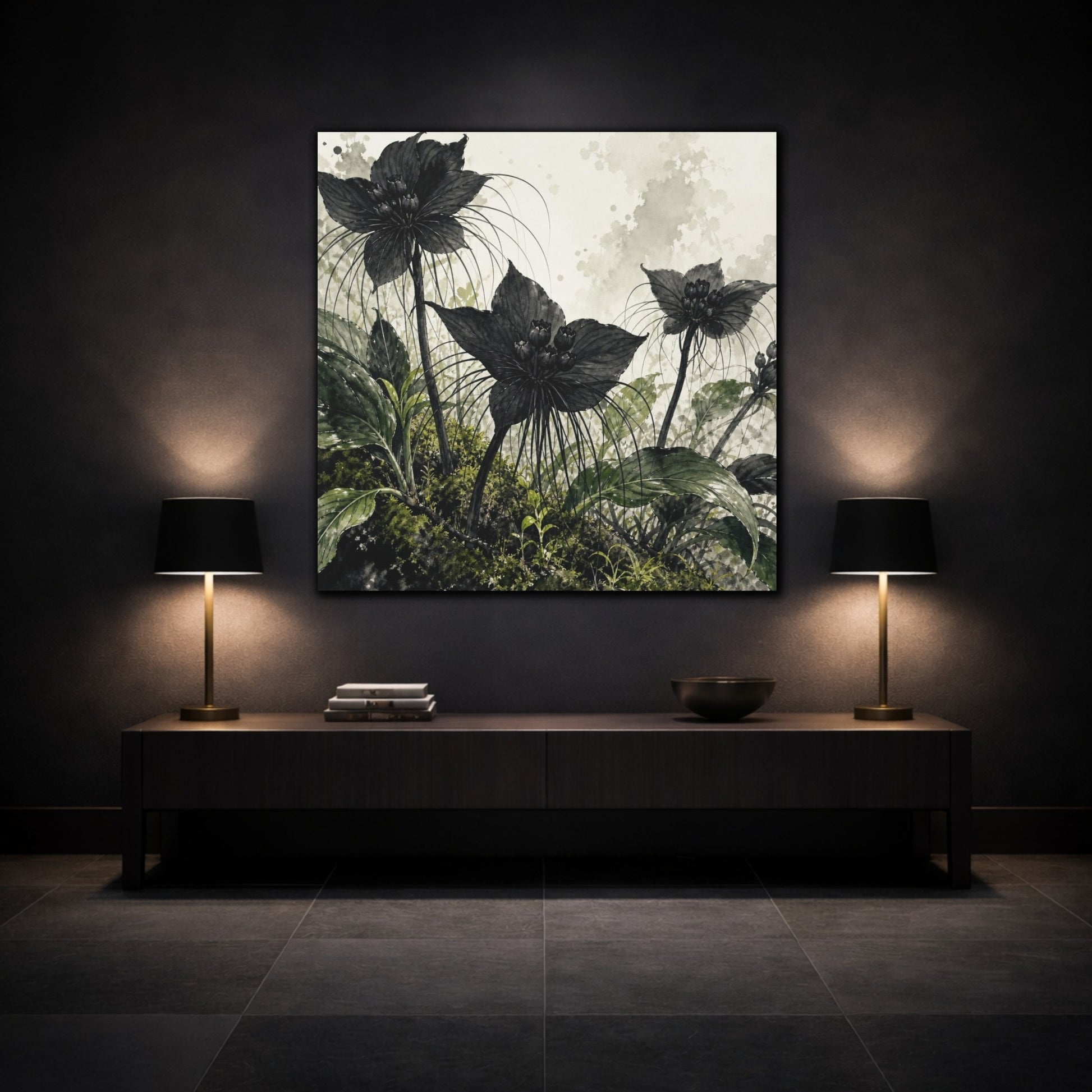 Mockup 3. Black Forest Flowers shown as canvas print