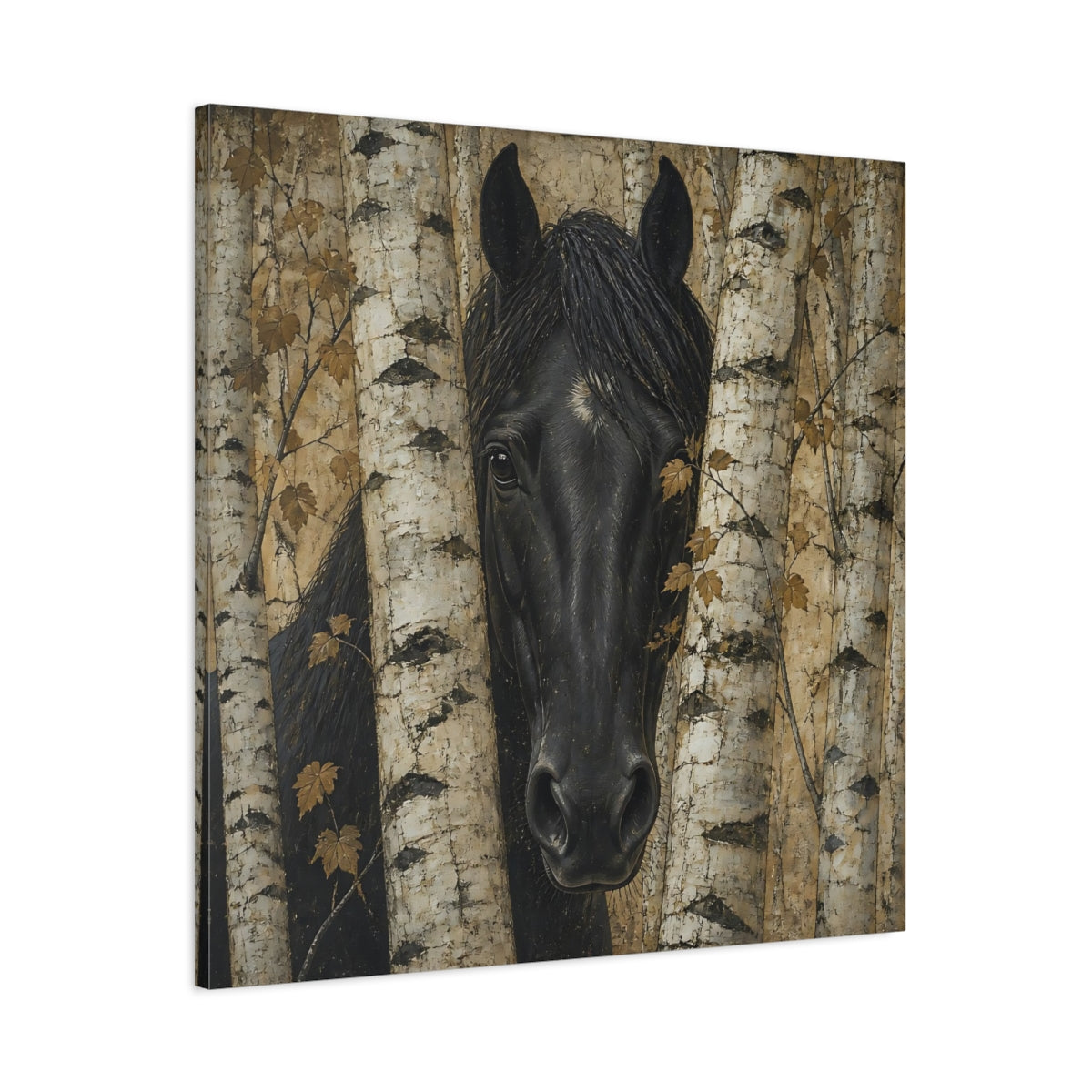Main Mockup. Black Horse Animal Among Birches shown as canvas print