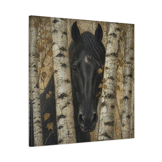 Black Horse Animal Among Birches Canvas Print Wall Art – Living Room Decor, Above Sofa - YesArtYes