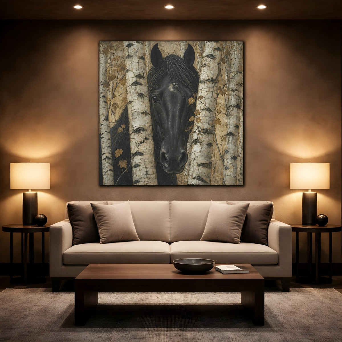 Black Horse Animal Among Birches Canvas Print Wall Art – Living Room Decor, Above Sofa - YesArtYes