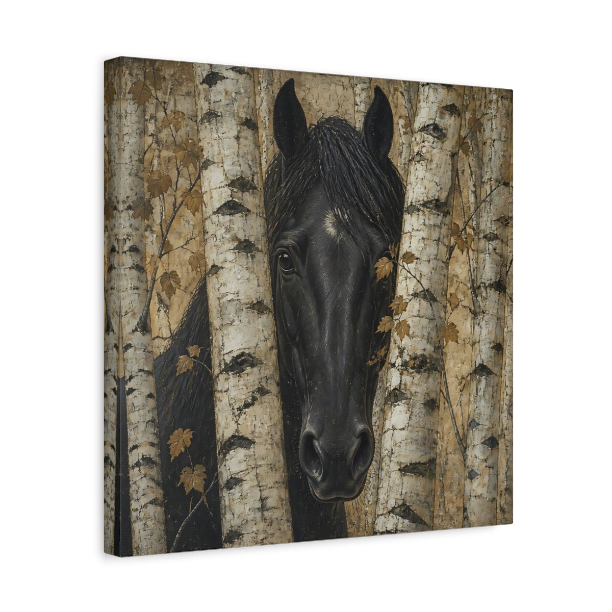 Black Horse Animal Among Birches Canvas Print Wall Art – Living Room Decor, Above Sofa - YesArtYes