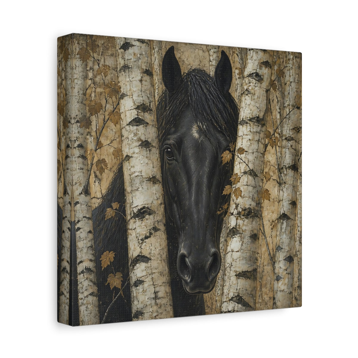 Side Mockup 9. Black Horse Animal Among Birches shown as canvas print