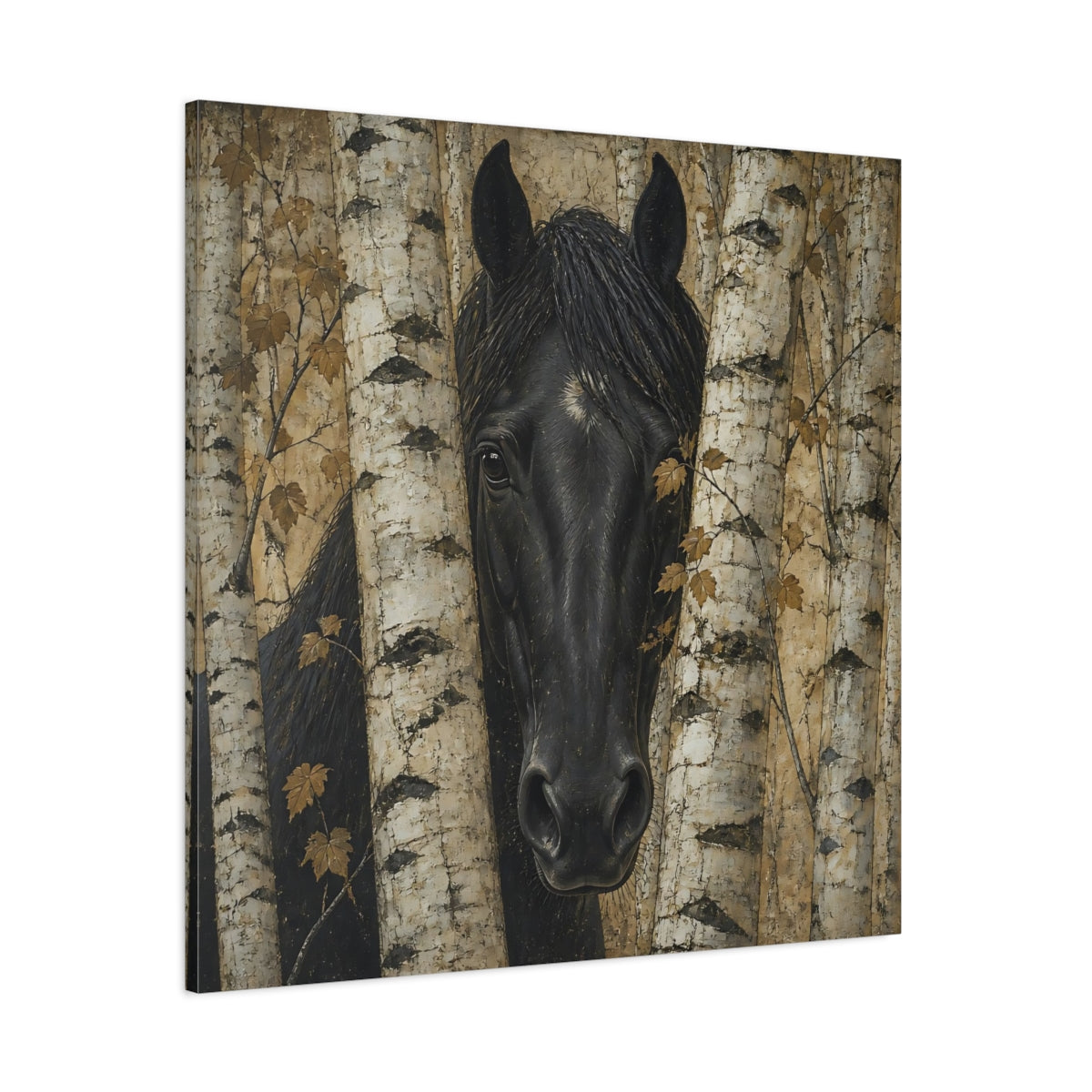 Side Mockup 1. Black Horse Animal Among Birches shown as canvas print