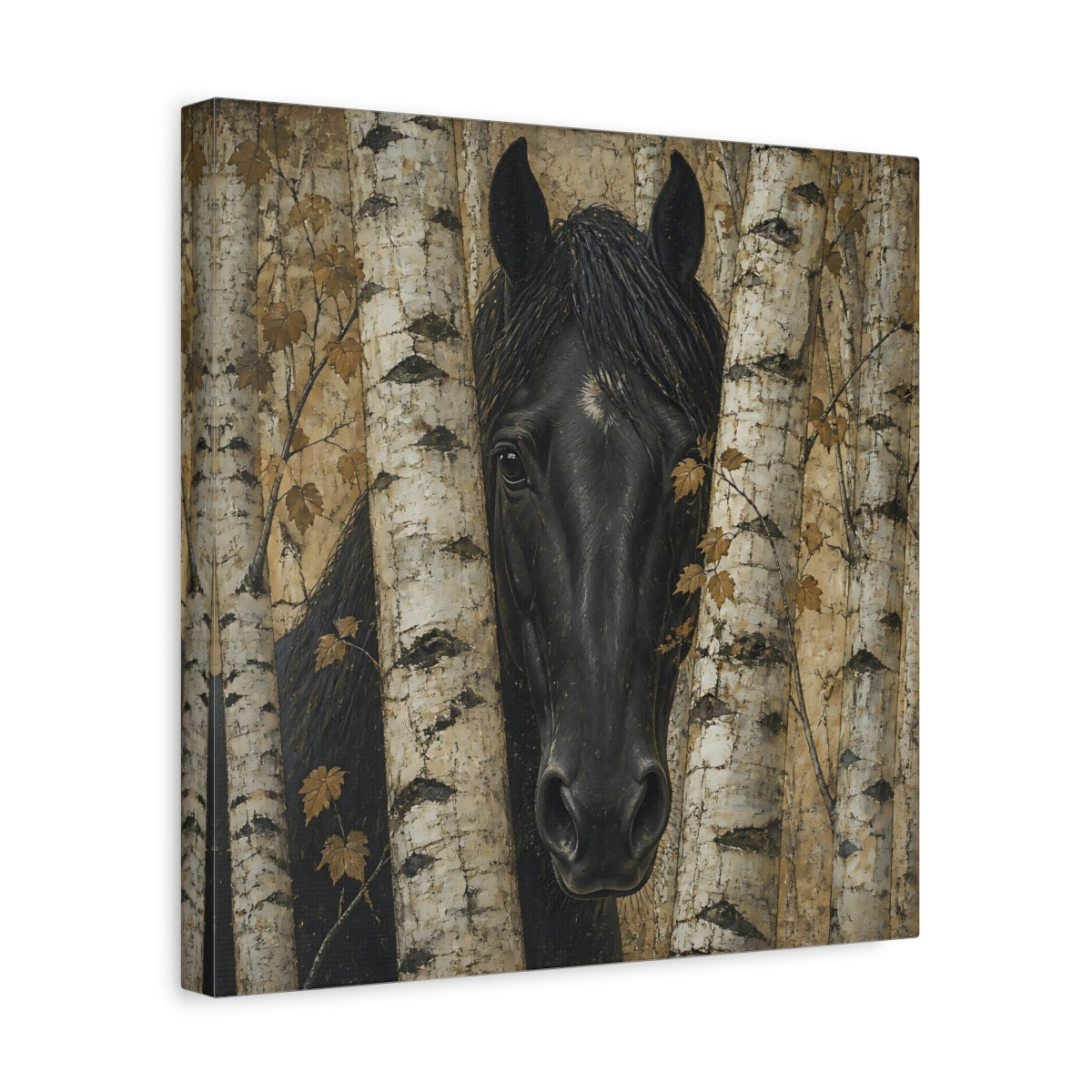Side Mockup 7. Black Horse Animal Among Birches shown as canvas print