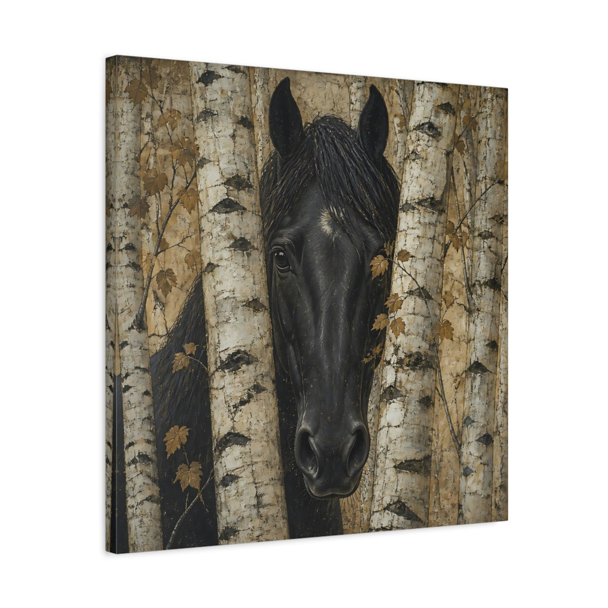 Side Mockup 4. Black Horse Animal Among Birches shown as canvas print