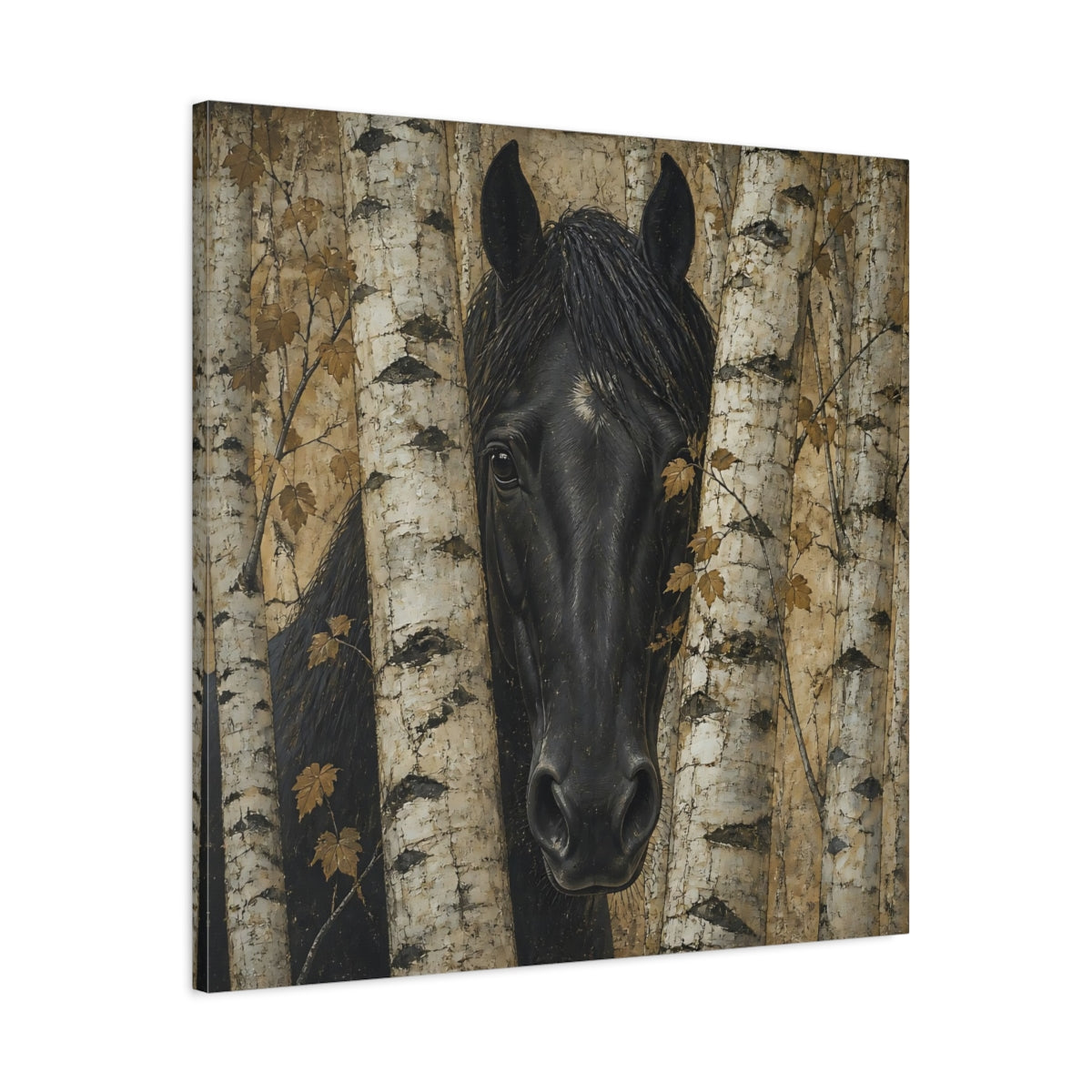 Side Mockup 3. Black Horse Animal Among Birches shown as canvas print