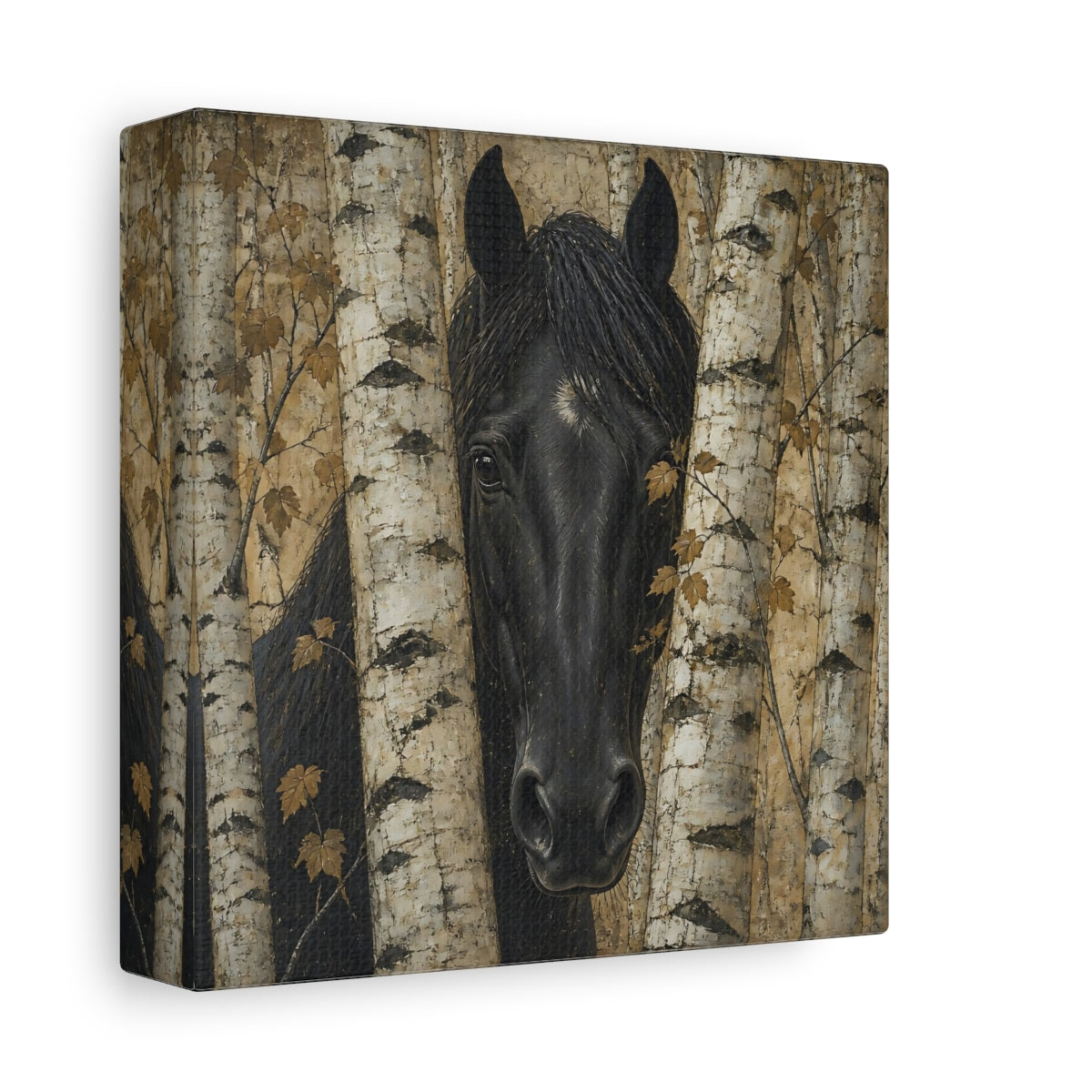 Side Mockup 2. Black Horse Animal Among Birches shown as canvas print