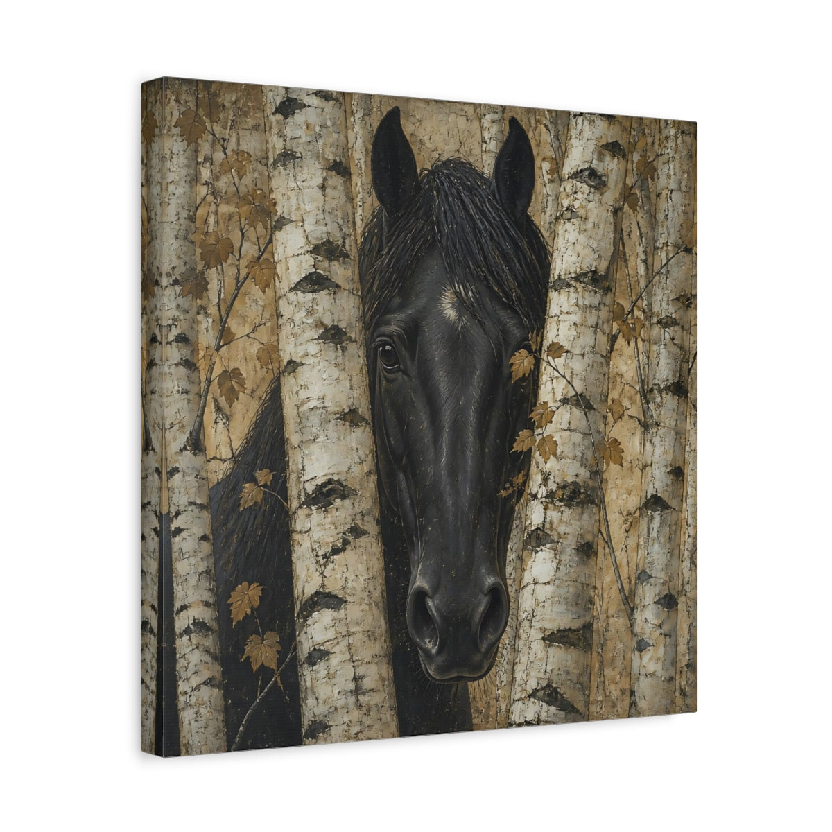 Side Mockup 6. Black Horse Animal Among Birches shown as canvas print