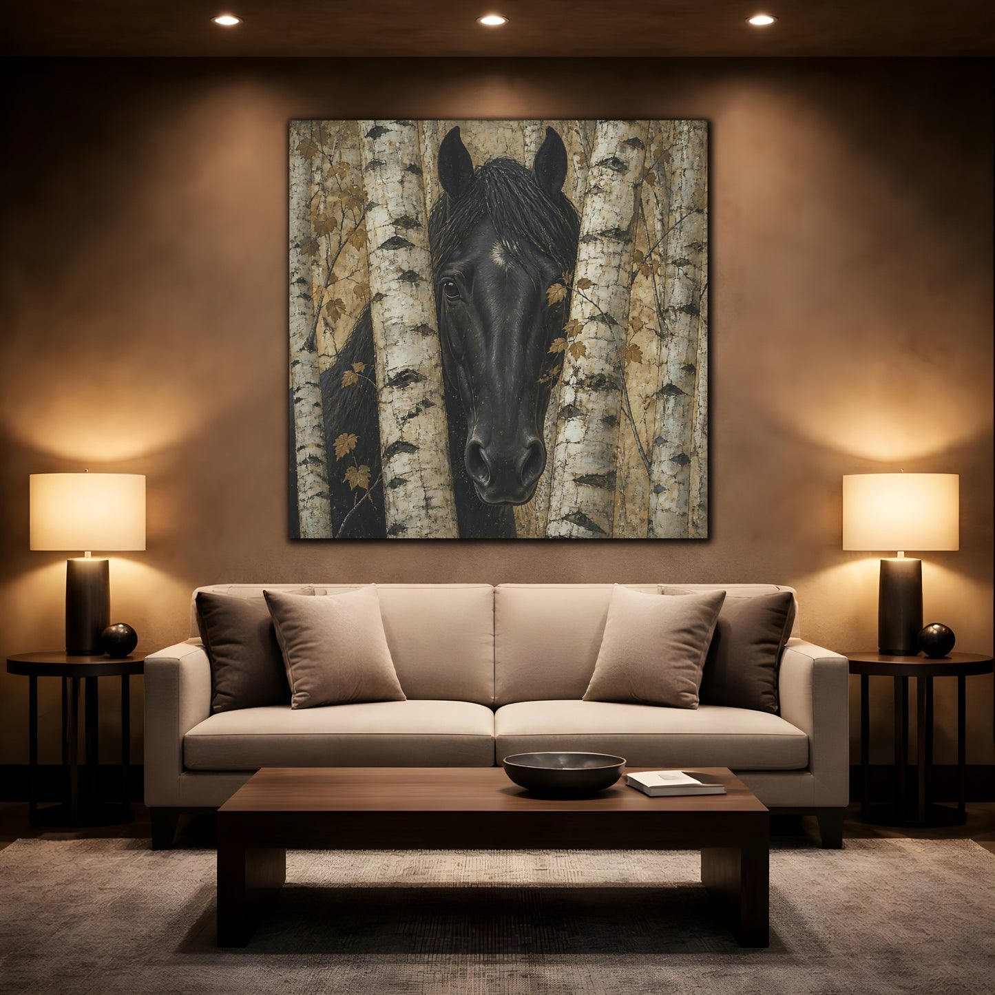 Mockup 2. Black Horse Animal Among Birches shown as canvas print