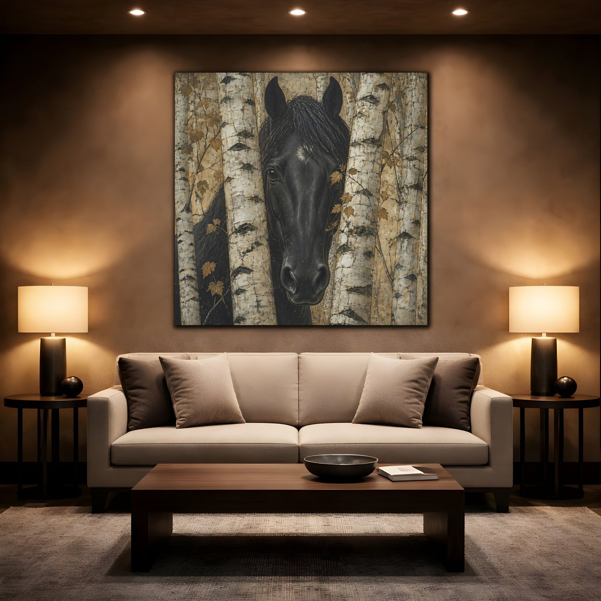 Mockup 2. Black Horse Animal Among Birches shown as canvas print