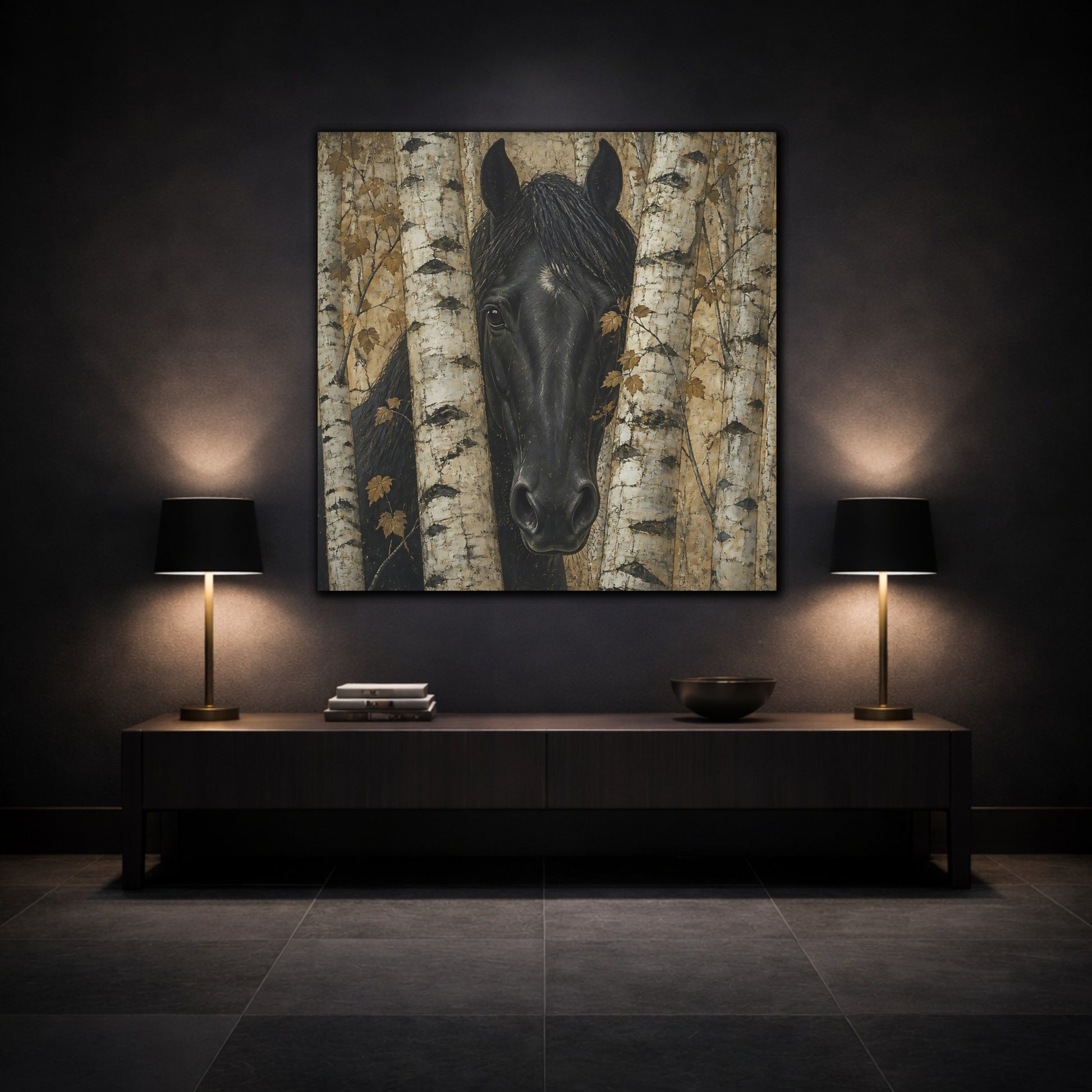 Mockup 3. Black Horse Animal Among Birches shown as canvas print