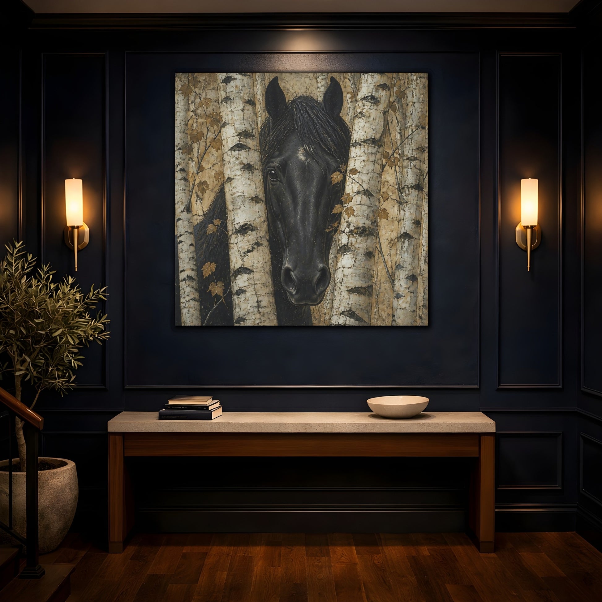 Mockup 4. Black Horse Animal Among Birches shown as canvas print