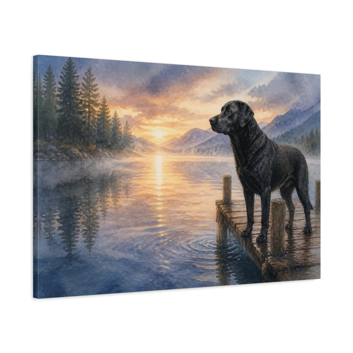 Main Mockup. Black Labrador Pet On Dock shown as canvas print
