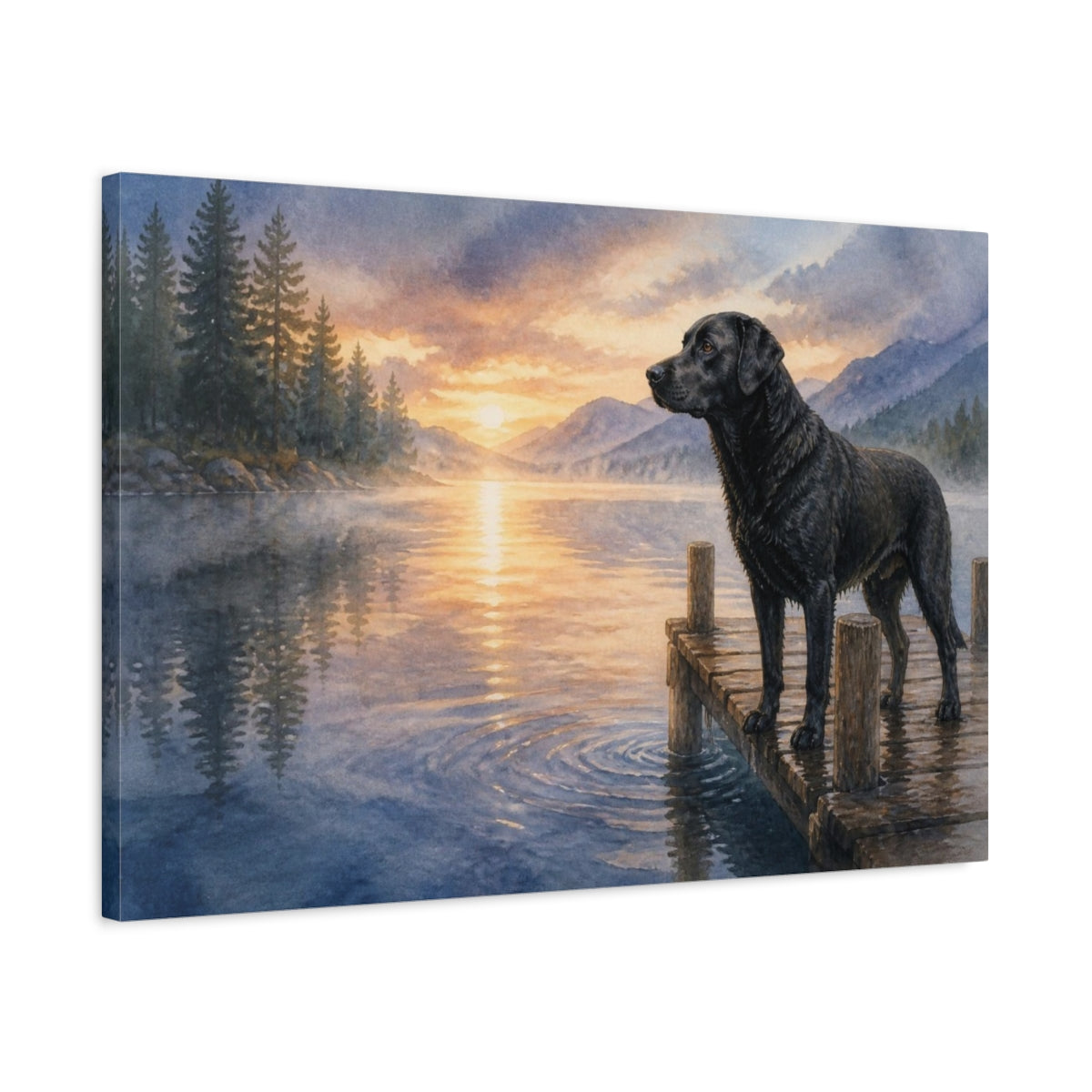 Side Mockup 2. Black Labrador Pet On Dock shown as canvas print