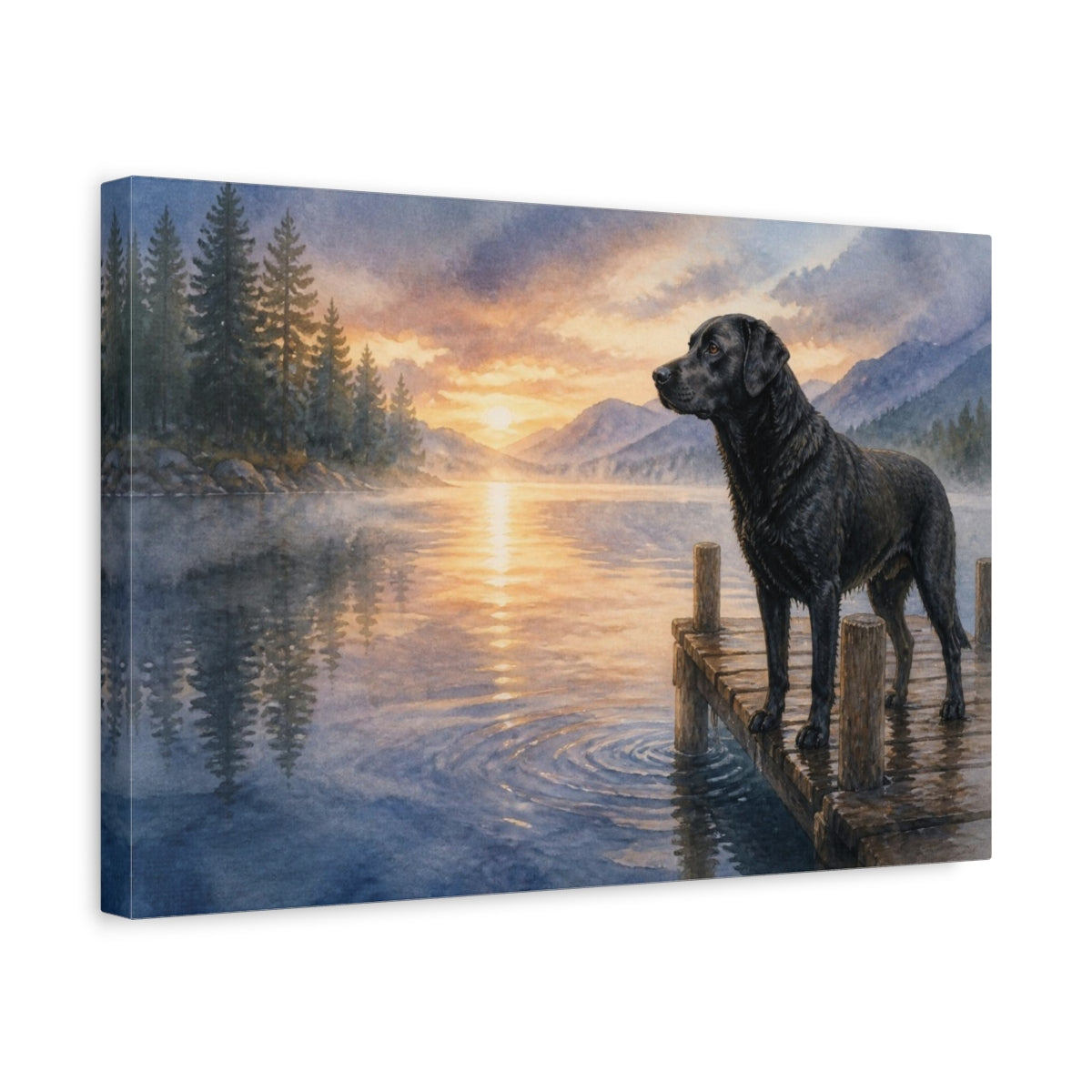 Side Mockup 4. Black Labrador Pet On Dock shown as canvas print