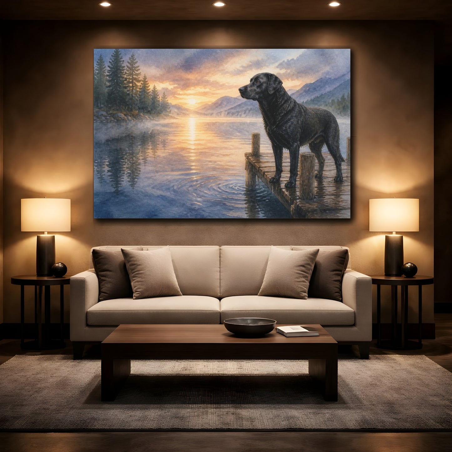 Mockup 2. Black Labrador Pet On Dock shown as canvas print