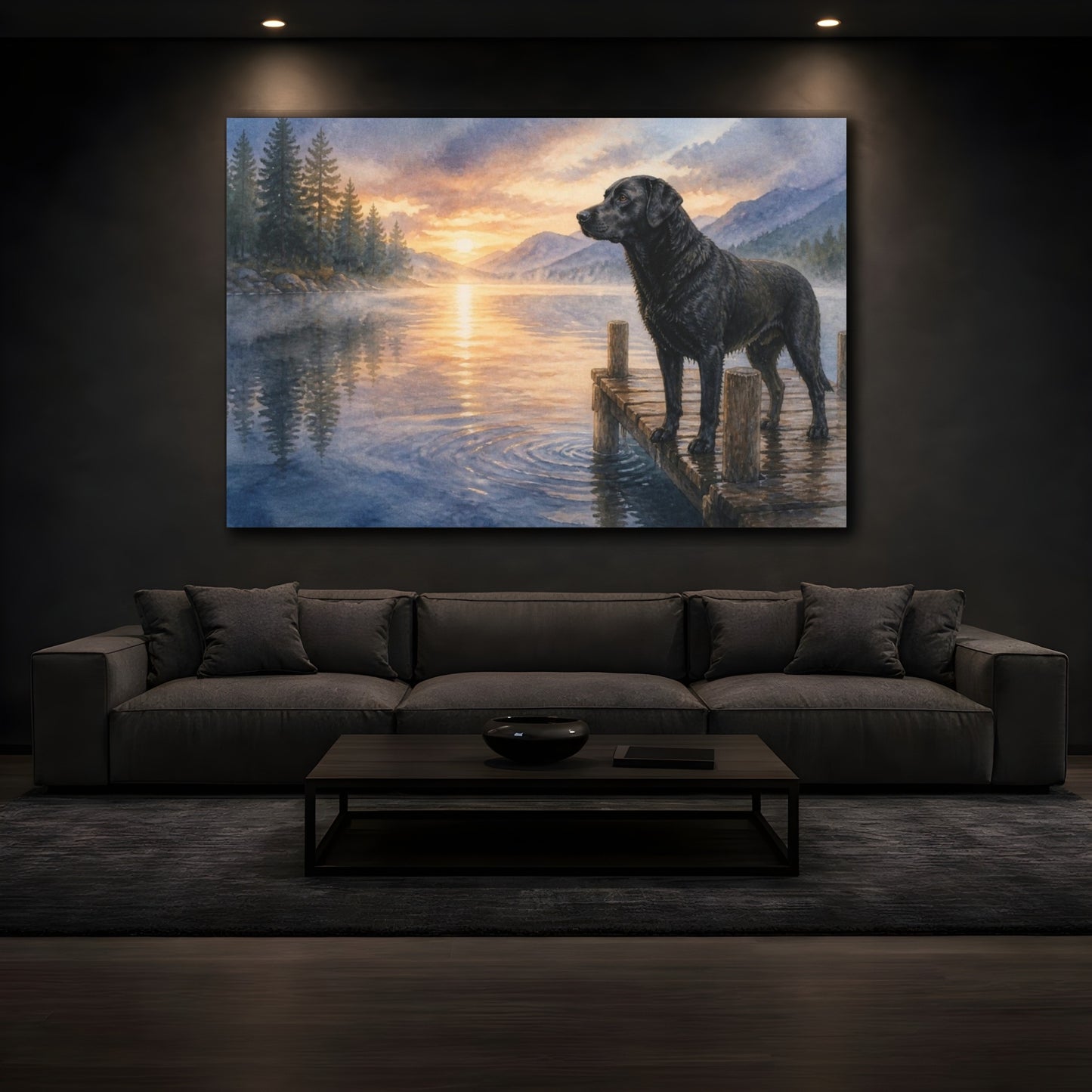 Mockup 3. Black Labrador Pet On Dock shown as canvas print