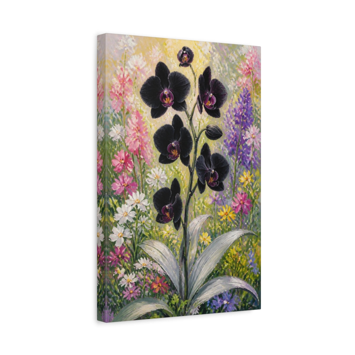 Side Mockup 4. Black Orchid Flowers shown as canvas print