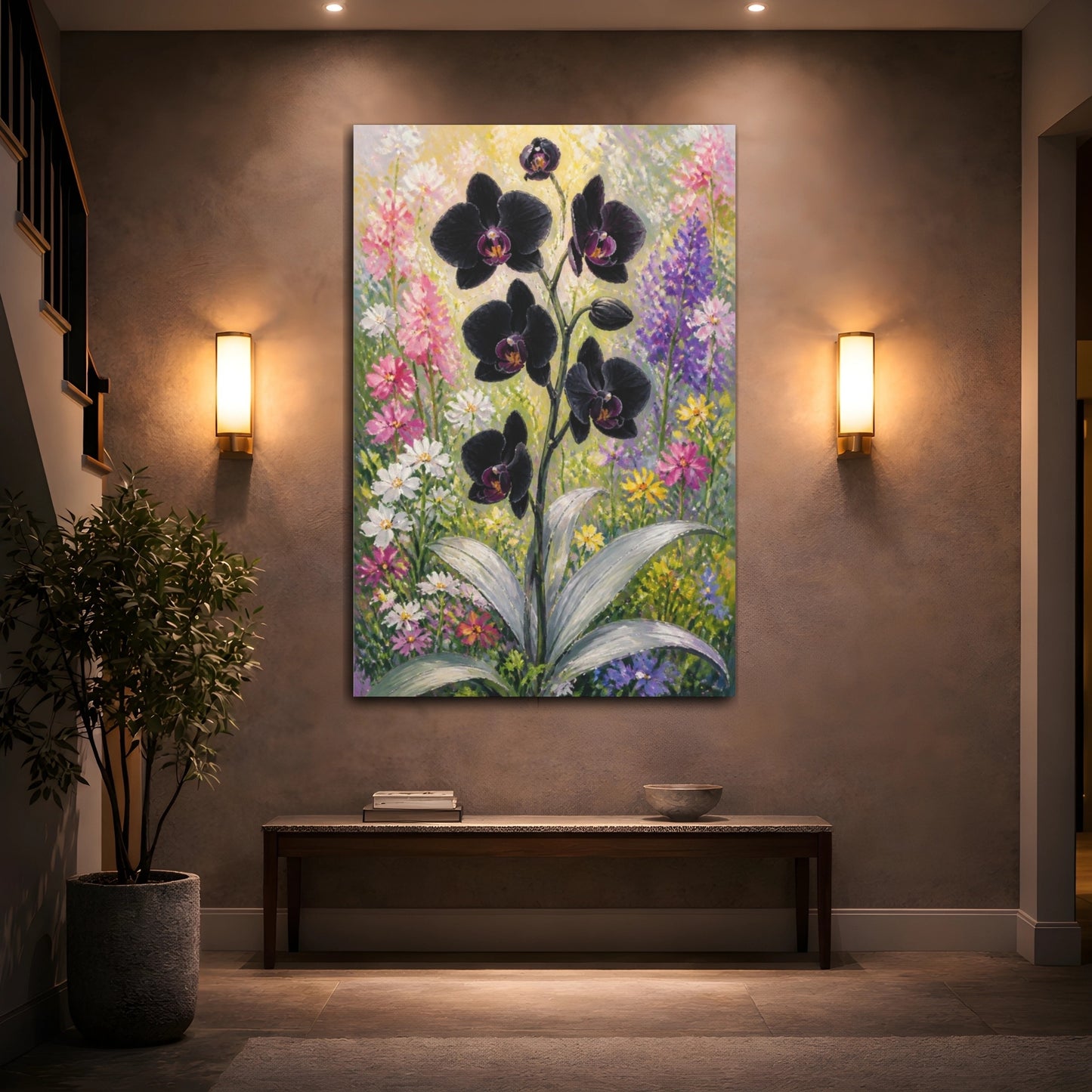 Mockup 2. Black Orchid Flowers shown as canvas print