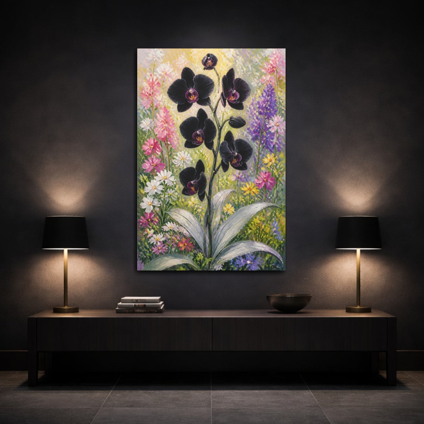 Mockup 3. Black Orchid Flowers shown as canvas print