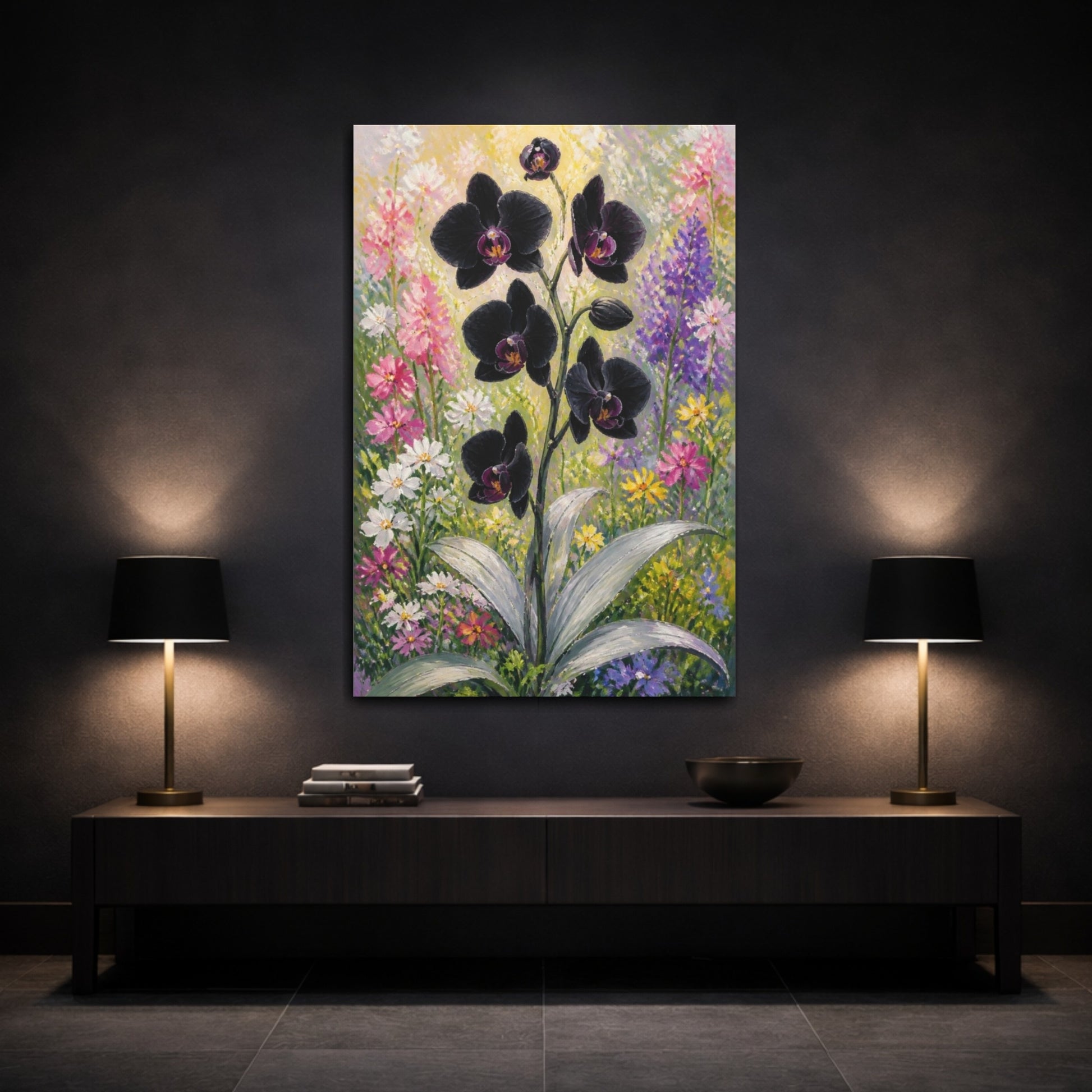 Mockup 3. Black Orchid Flowers shown as canvas print