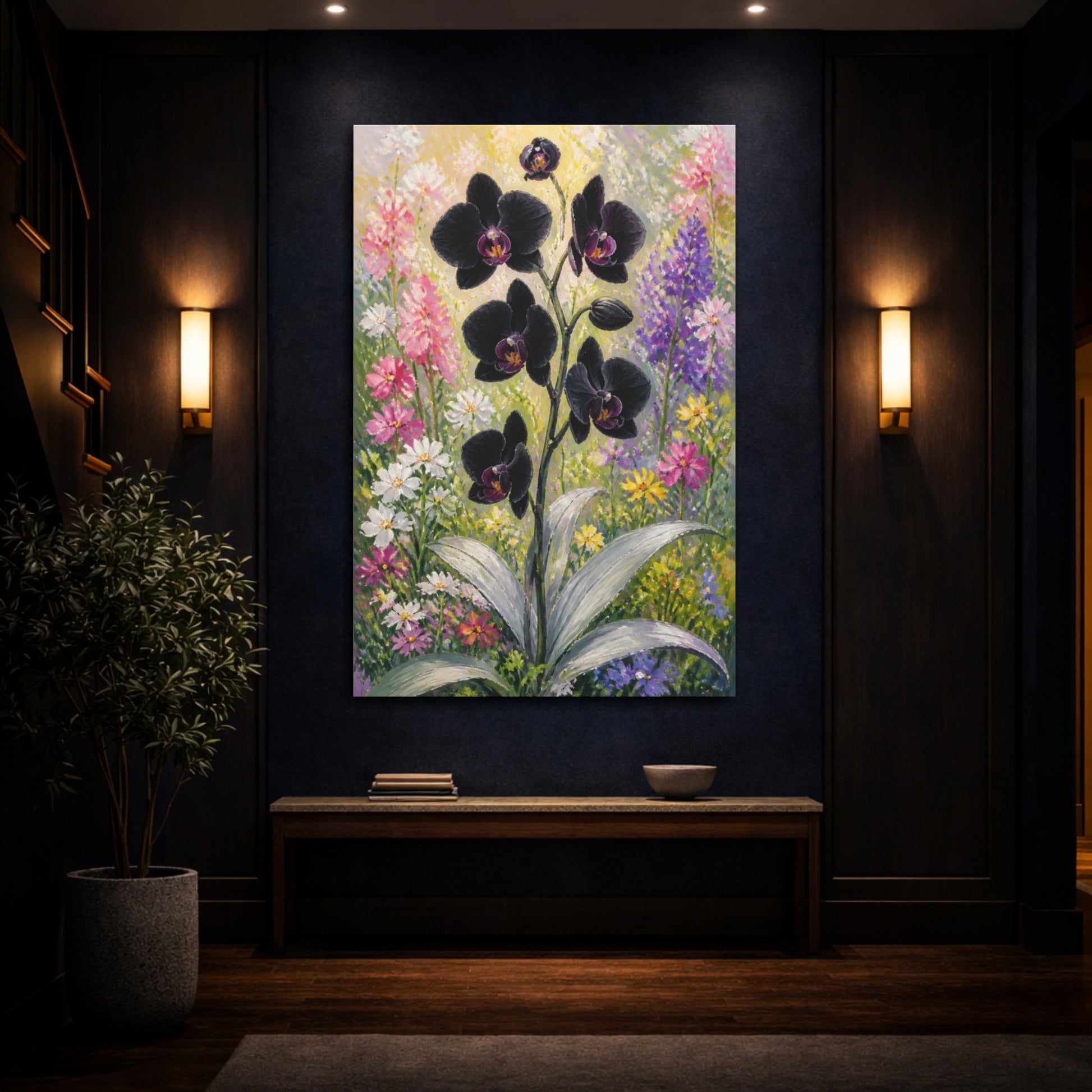Mockup 4. Black Orchid Flowers shown as canvas print